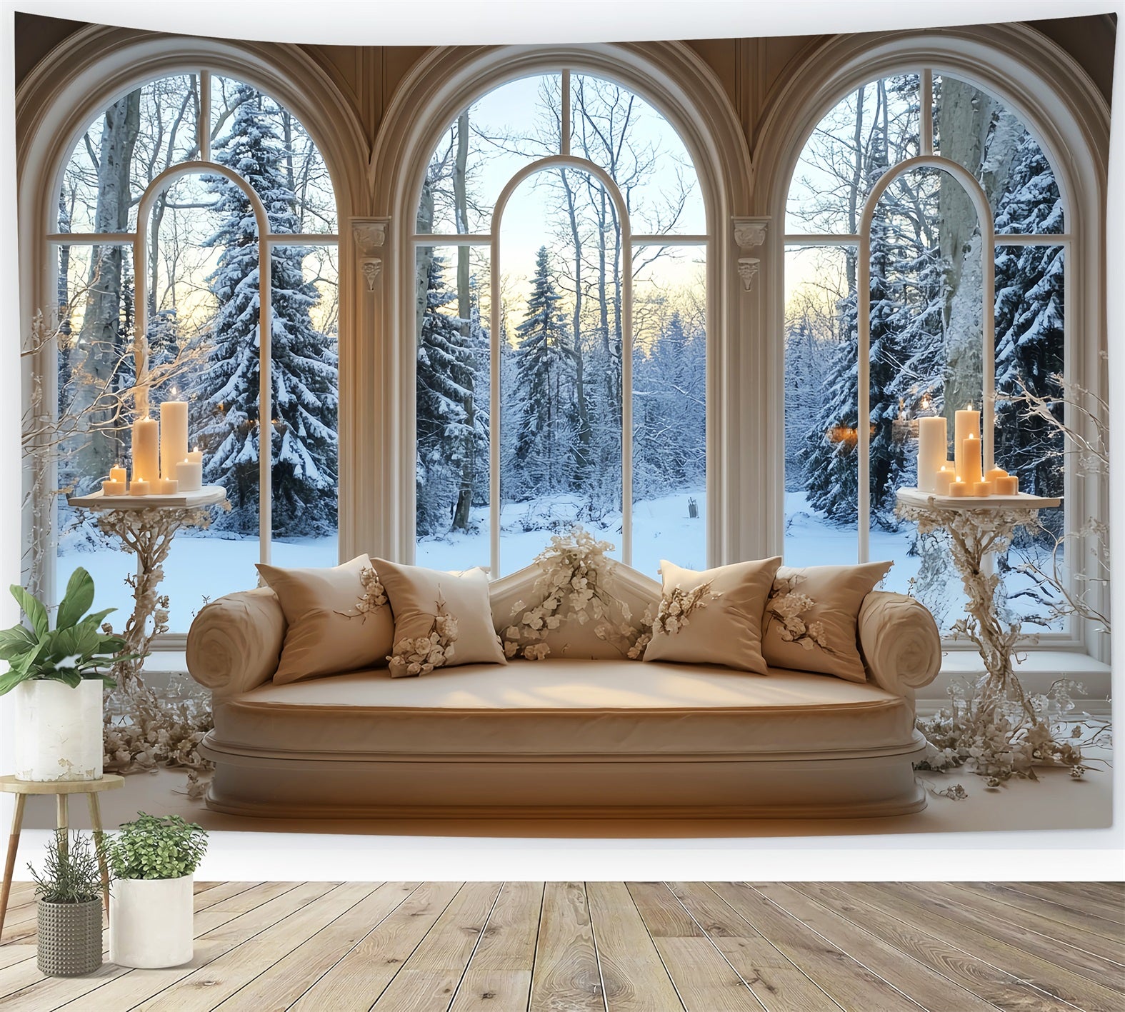 Winter Window Backdrop Golden Candlelight Snowy Window Winter Backdrops LXX58-237