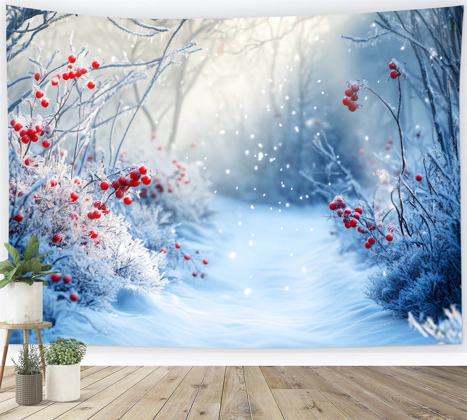 Forest Backdrop Frosted Path Red Winter Berries Winter Backdrop LXX58-238