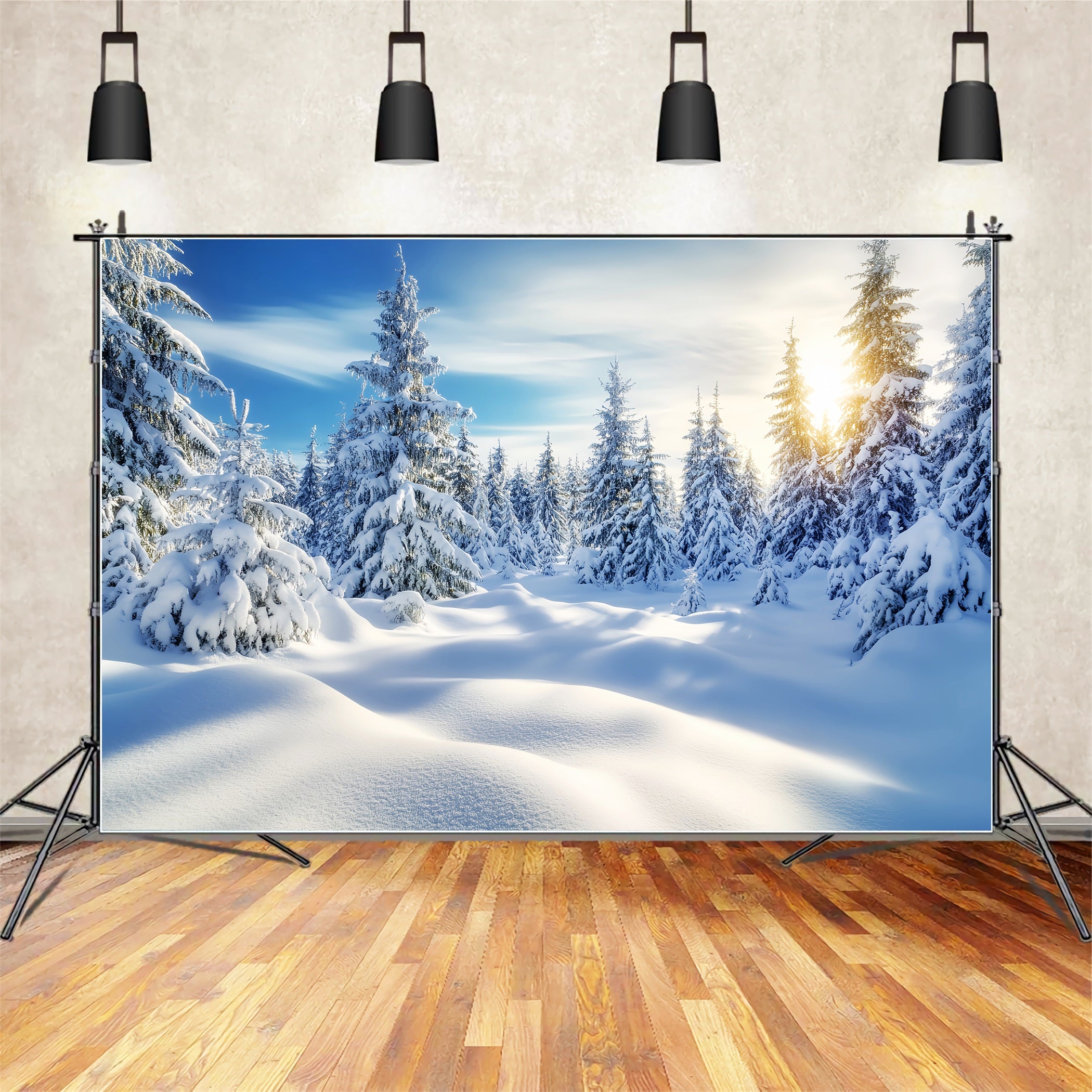 Forest Backdrop Golden Sunrise Snowy Forest Winter Wonderland Backdrops LXX58-239