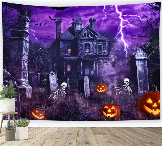 Halloween Graveyard Backdrop Purple Thunder Horror Backdrop LXX58-24