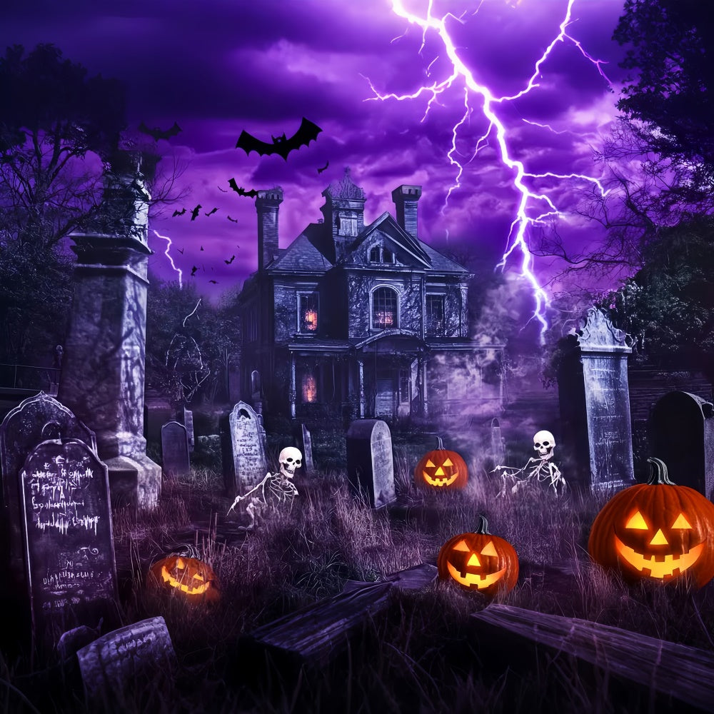 Halloween Graveyard Backdrop Purple Thunder Horror Backdrop LXX58-24