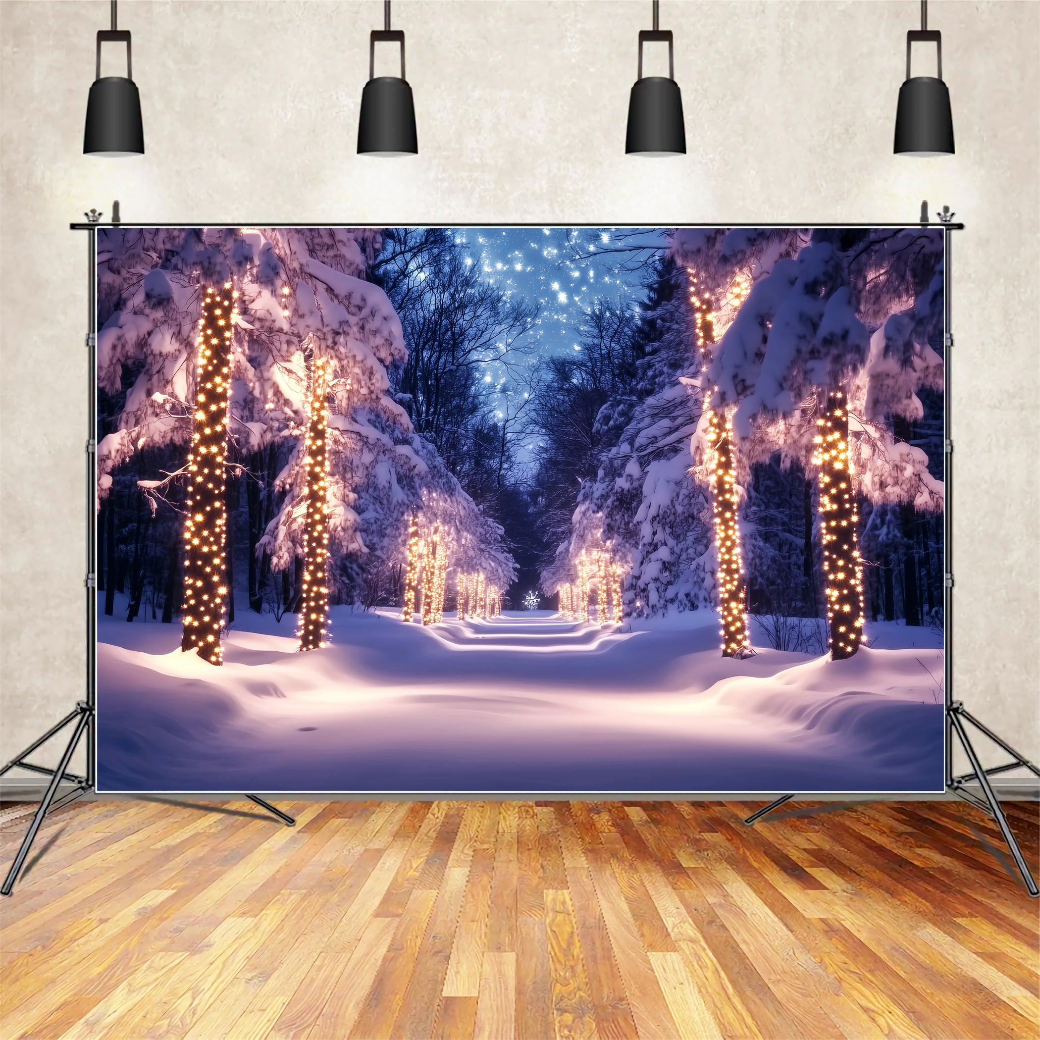 Forest Backdrop Golden Lights Snowy Pathway Winter Wonderland Backdrop LXX58-241