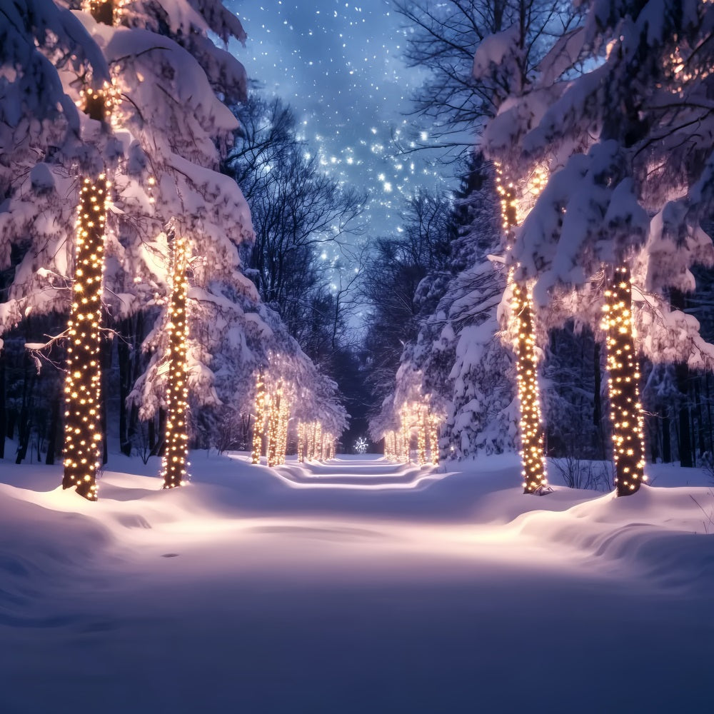 Forest Backdrop Golden Lights Snowy Pathway Winter Wonderland Backdrop LXX58-241