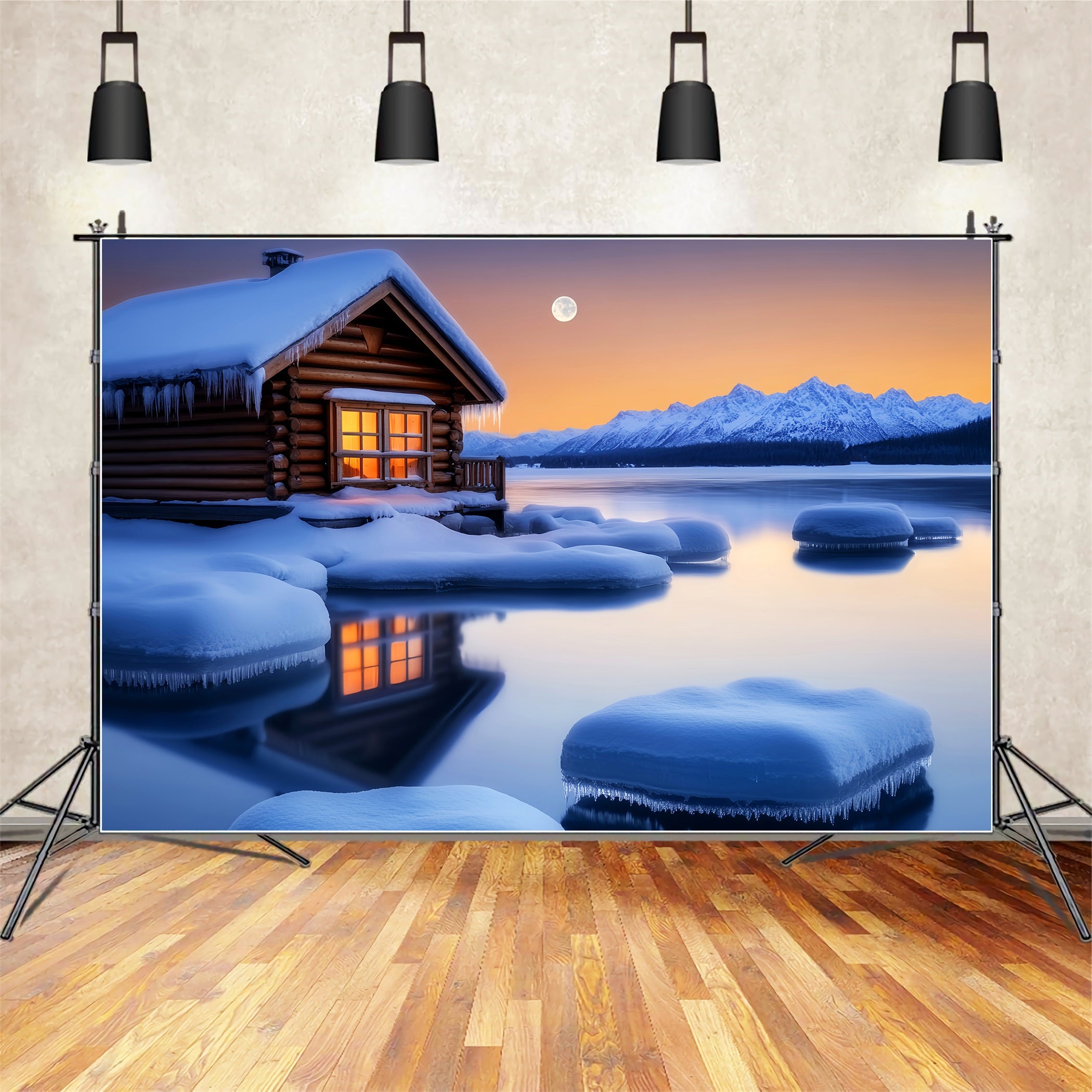 Village Backdrop Cozy Cabin Winter Moonlight Winter Scene Backdrop LXX58-243