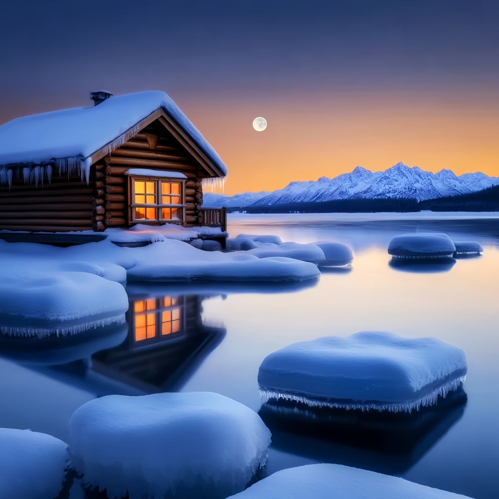 Village Backdrop Cozy Cabin Winter Moonlight Winter Scene Backdrop LXX58-243