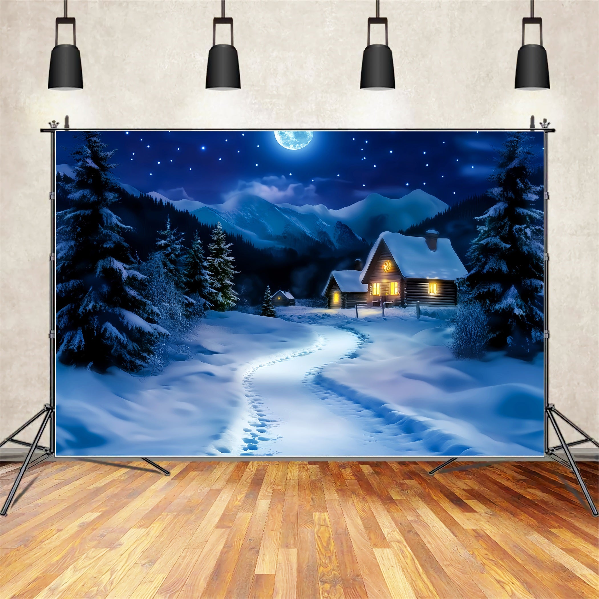 Village Backdrop Moonlit Snowy Cabin Path Winter Forest Backdrop LXX58-244