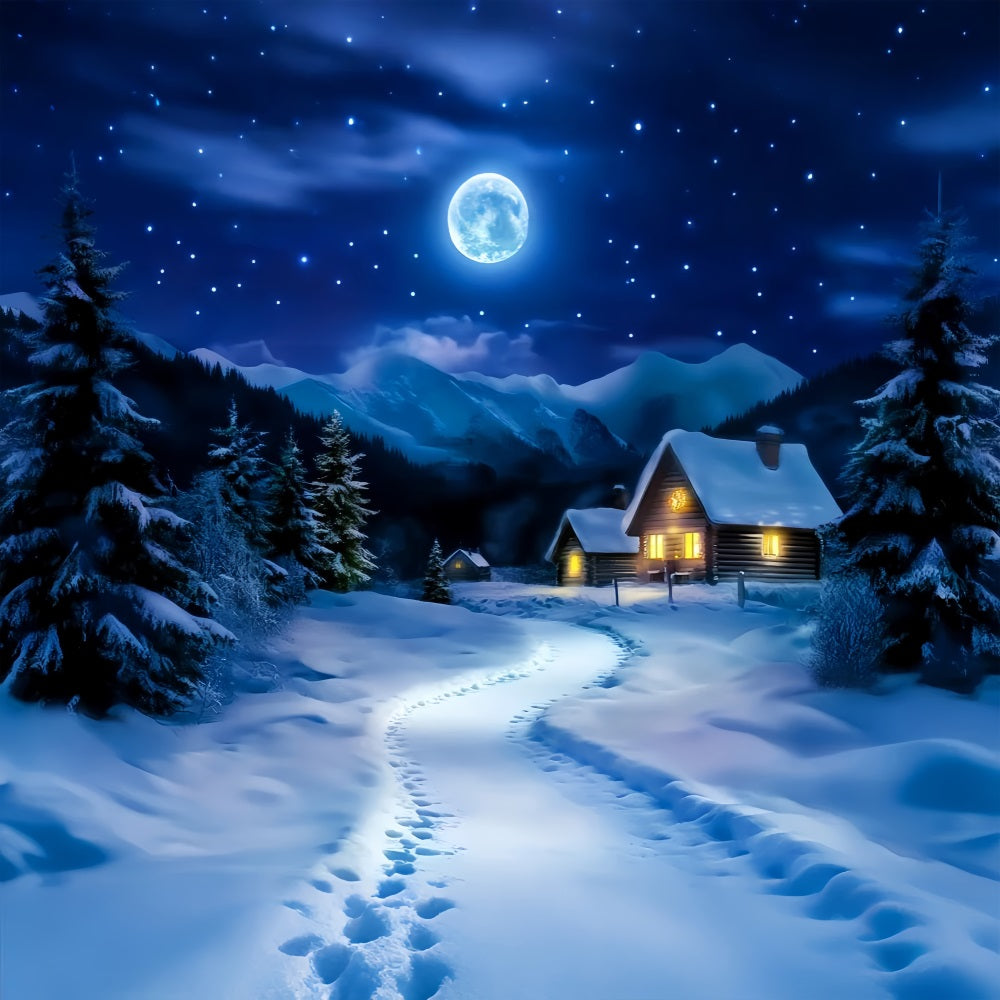 Village Backdrop Moonlit Snowy Cabin Path Winter Forest Backdrop LXX58-244