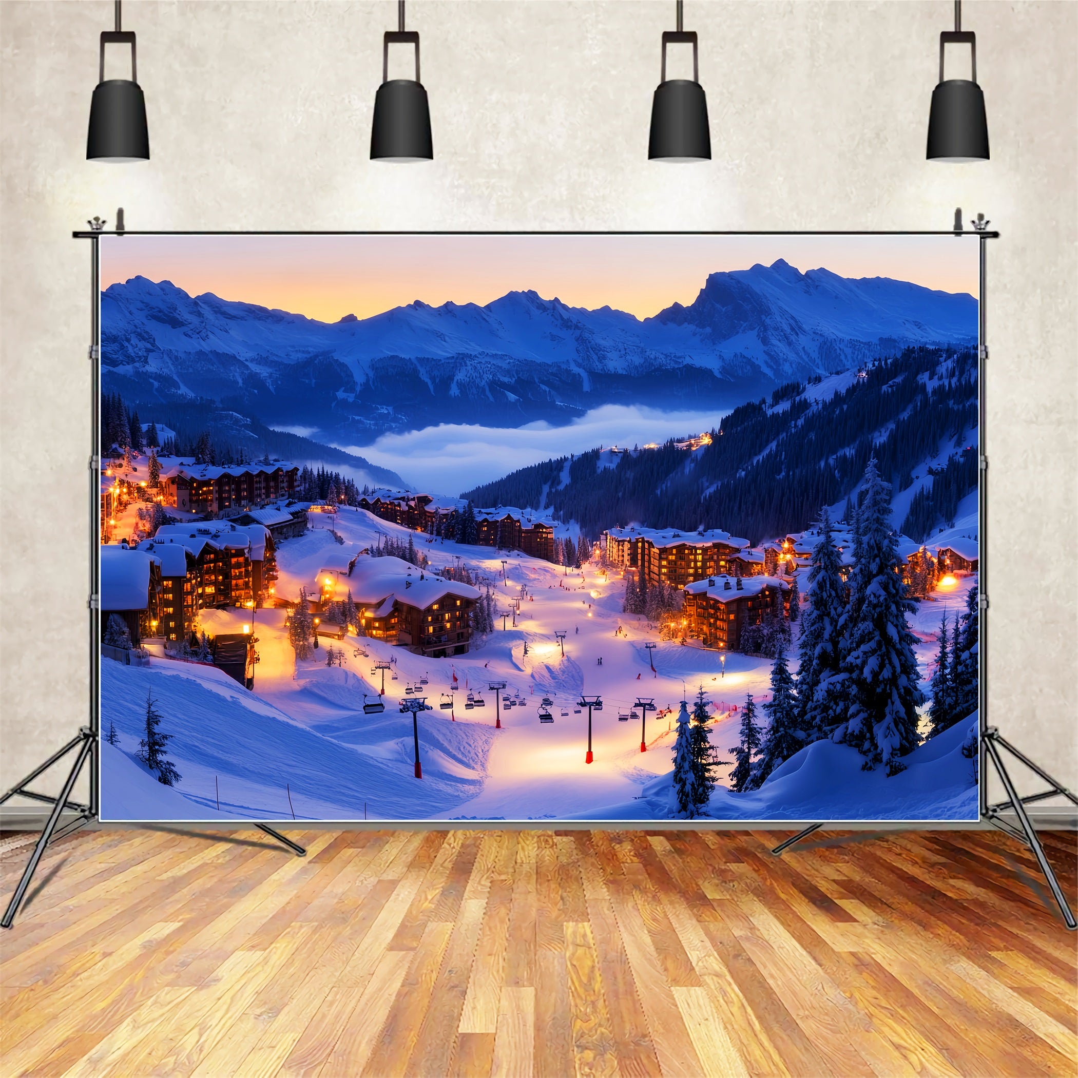 Village Backdrop Alpine Ski Village Lights Winter Backdrops LXX58-245