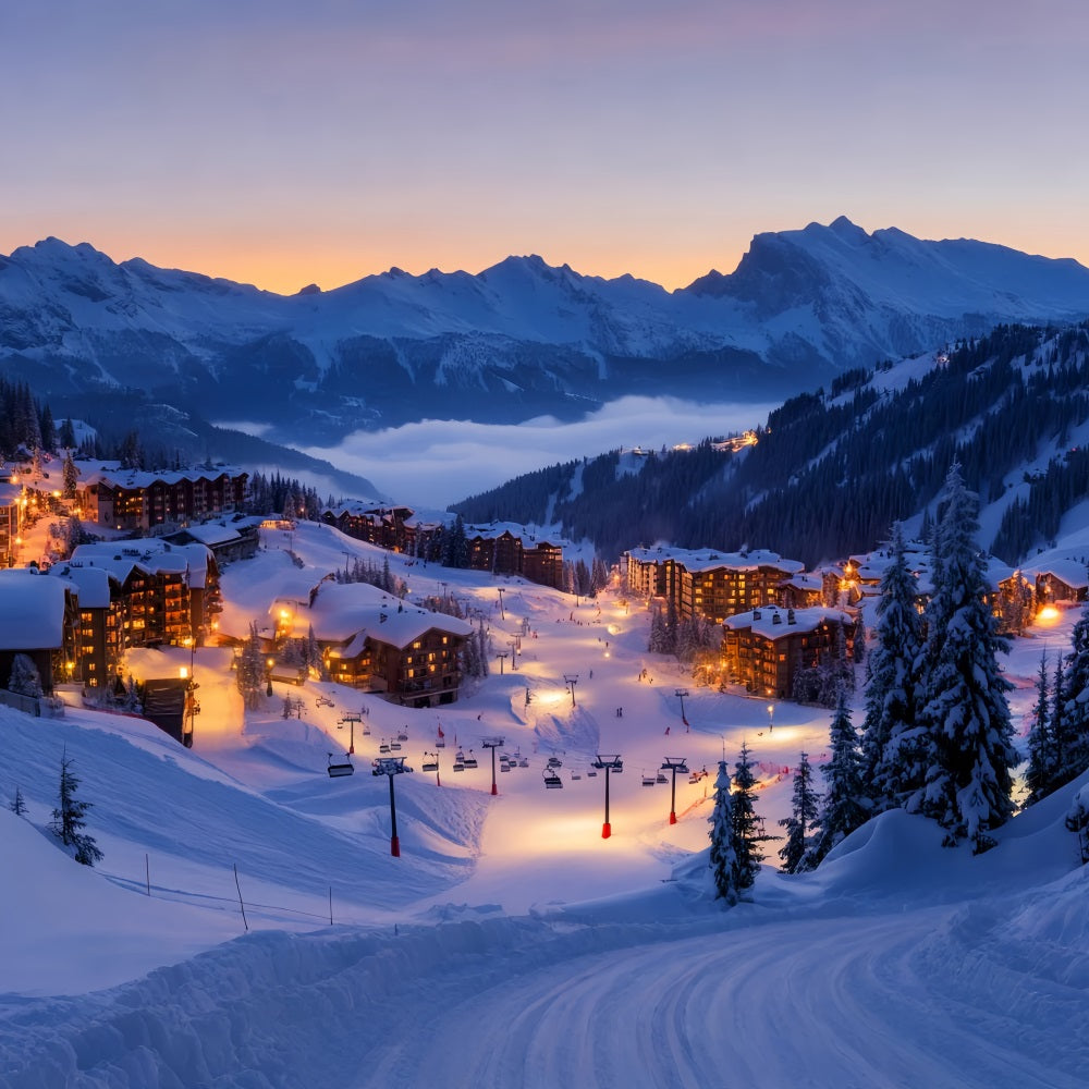 Village Backdrop Alpine Ski Village Lights Winter Backdrops LXX58-245