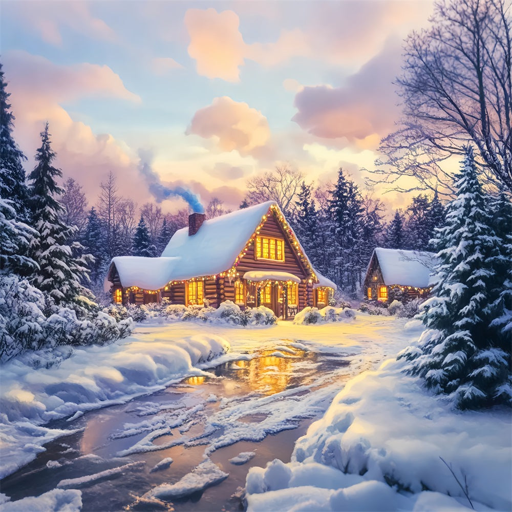 Village Backdrop Golden Glow Log Cabin Winter Photography Backdrops LXX58-246
