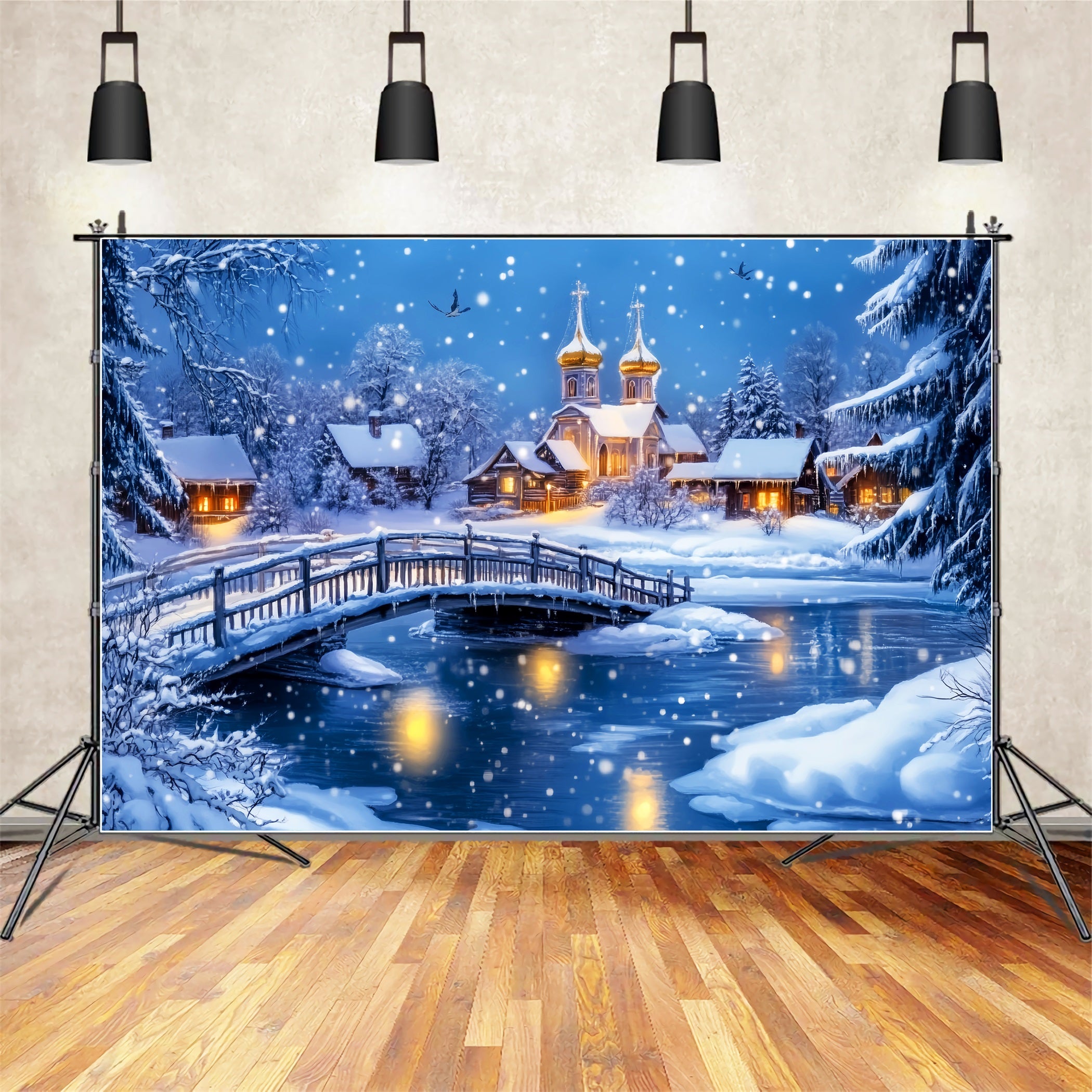 Village Backdrop Snowy Bridge Village Church Winter Wonderland Backdrops LXX58-247