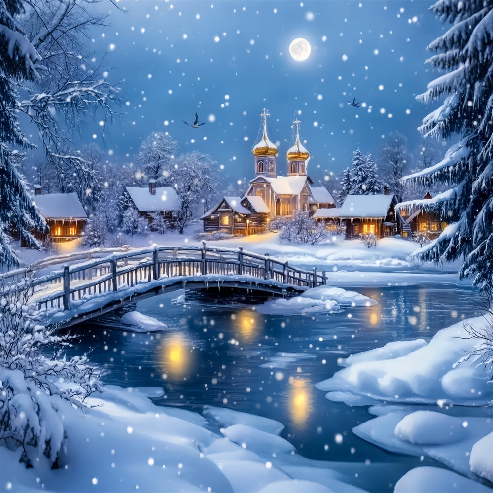 Village Backdrop Snowy Bridge Village Church Winter Wonderland Backdrops LXX58-247