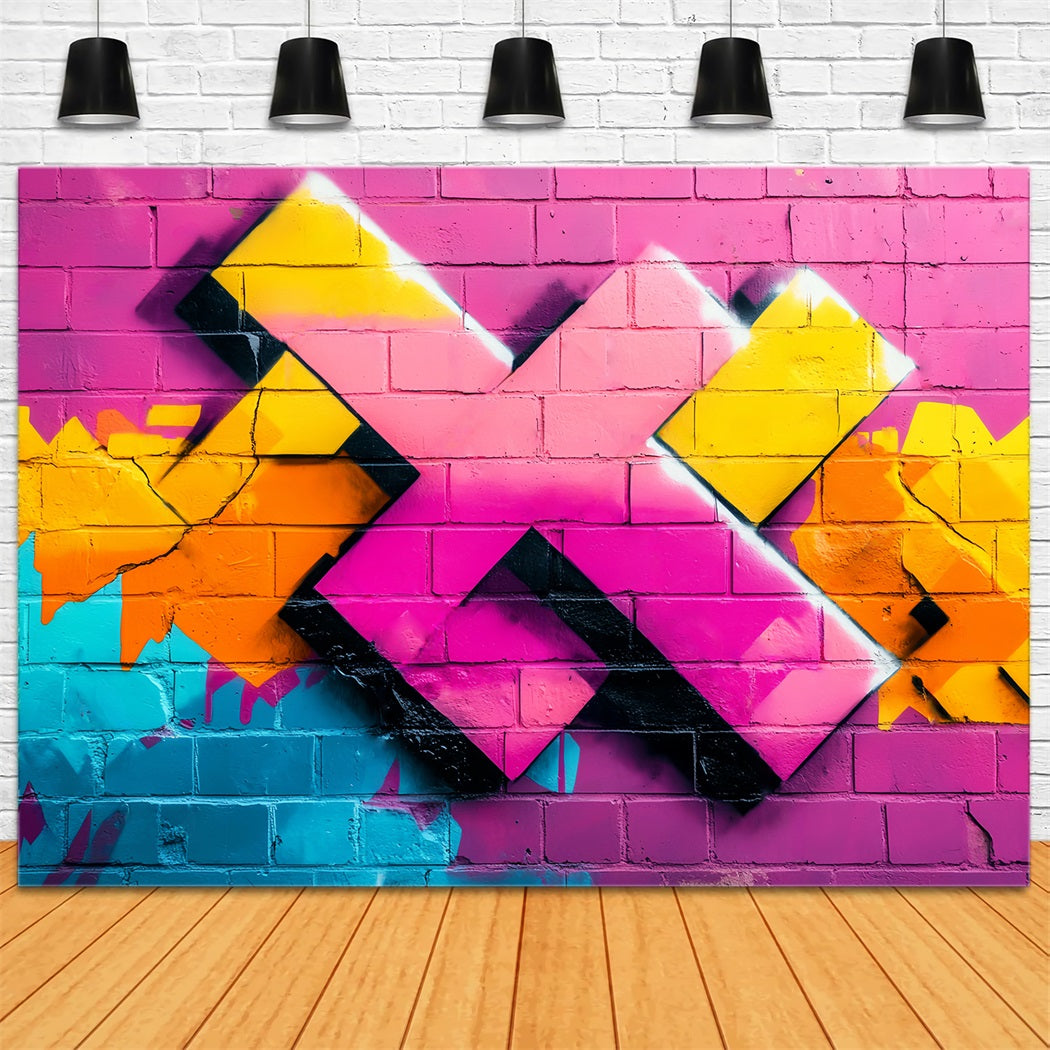 Graffiti Colorful Pink Brick Wall Geometric Neon Spray Shapes Graffiti Backdrop LXX58-249
