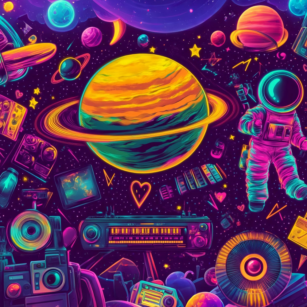 Graffiti Wall Neon Saturn Space Elements Graffiti Photo Backdrops LXX58-254