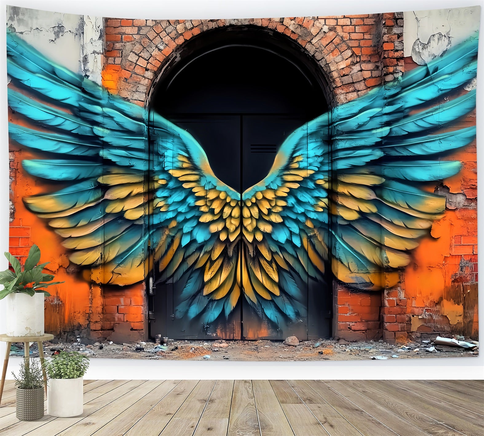 Graffiti Wall Blue Yellow Angel Wings Graffiti Backdrop Background LXX58-260