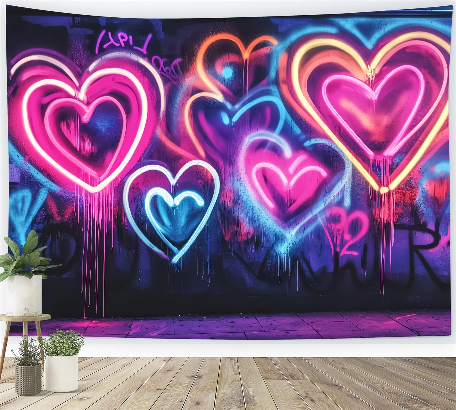 Graffiti Wall Neon Glowing Heart Shapes Graffiti Photo Backdrops LXX58-262