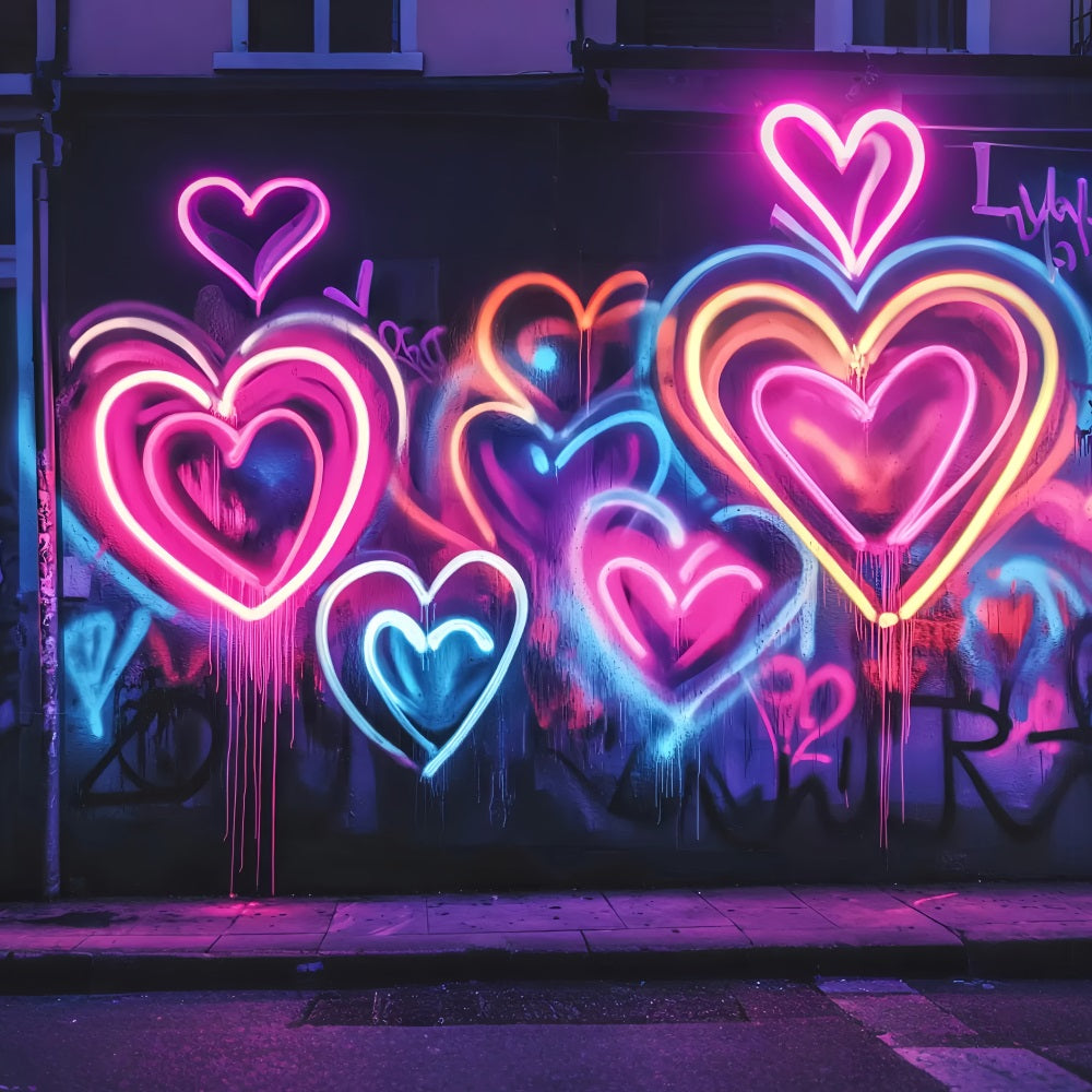 Graffiti Wall Neon Glowing Heart Shapes Graffiti Photo Backdrops LXX58-262