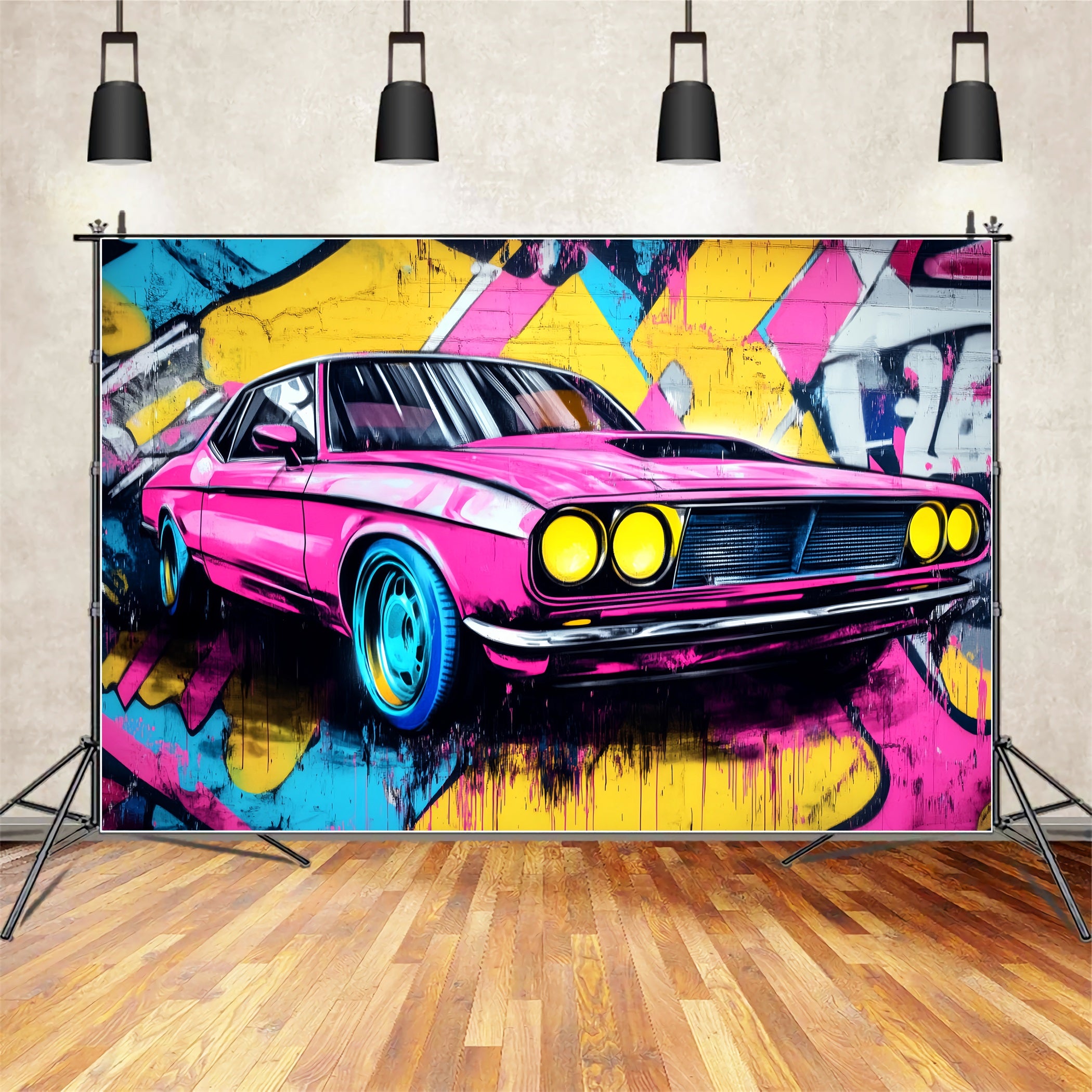 Graffiti Wall Graffiti Neon Pink Muscle Car Graffiti Photo Backdrop LXX58-265