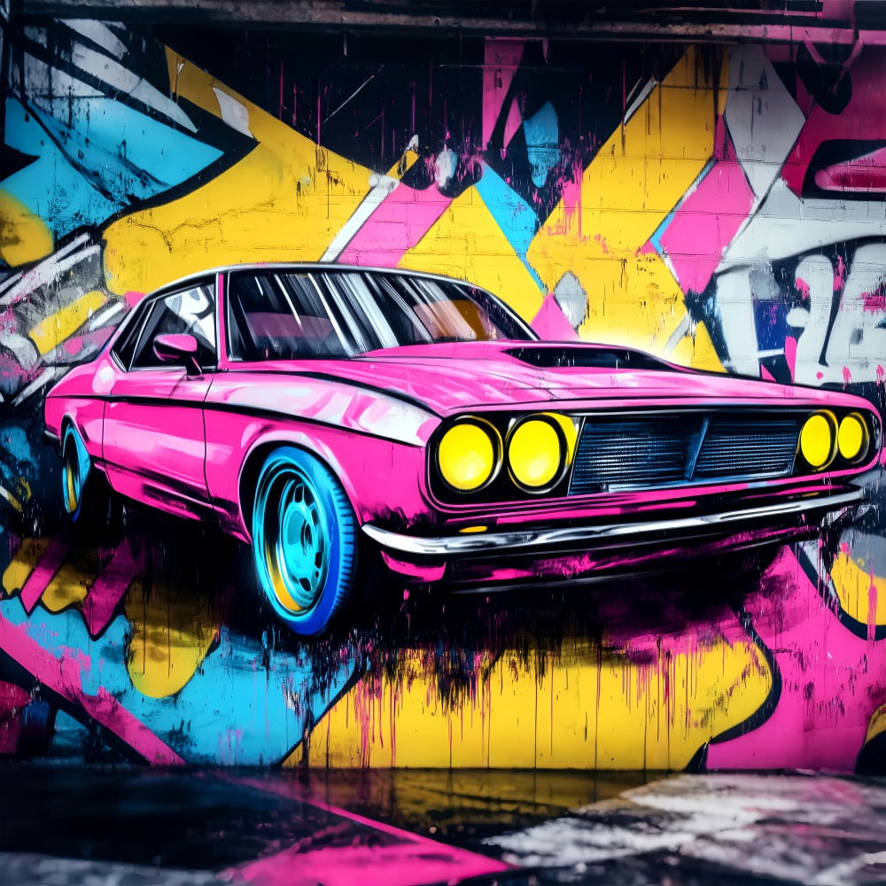 Graffiti Wall Graffiti Neon Pink Muscle Car Graffiti Photo Backdrop LXX58-265