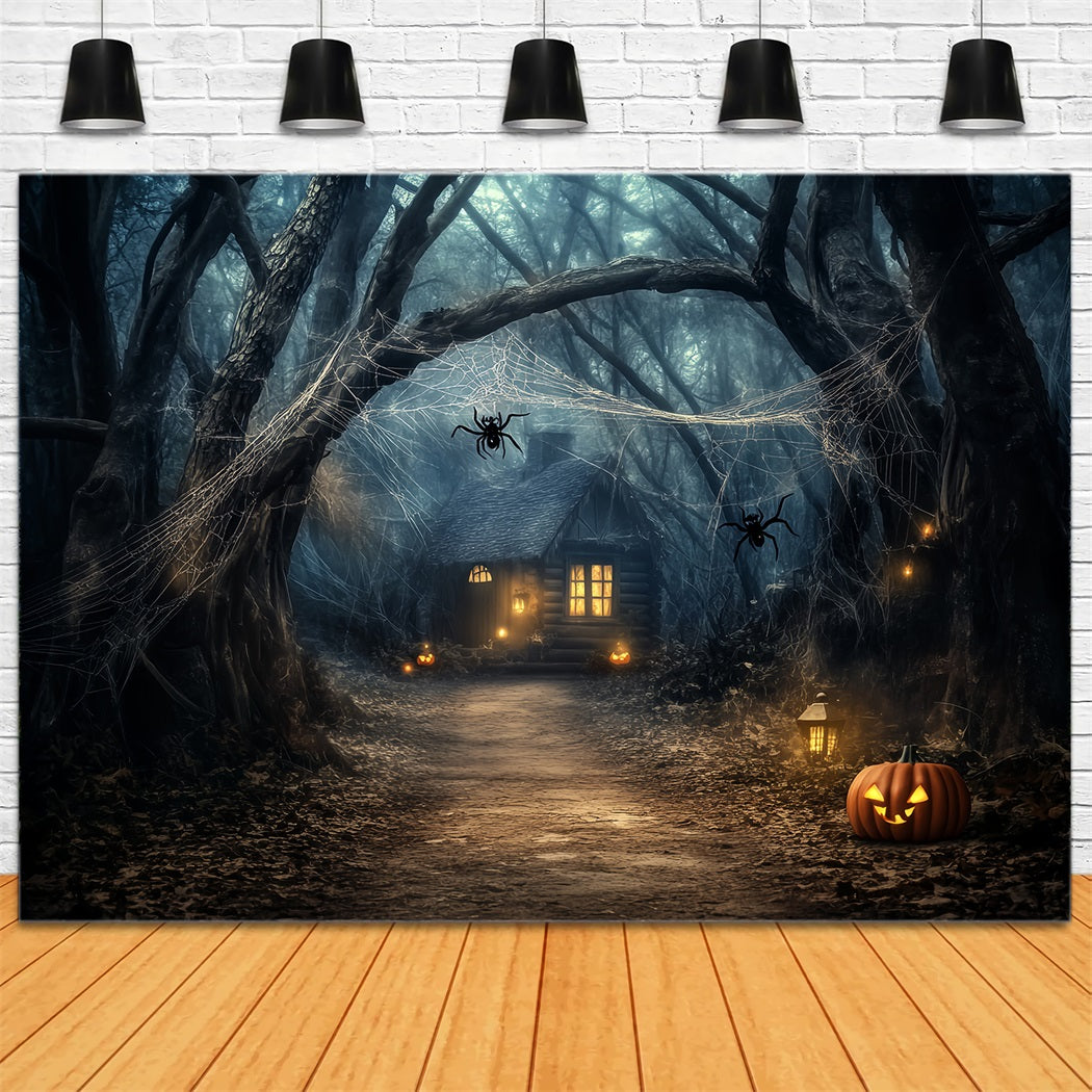 Spooky Forest Pumpkin Lantern Haunted Cabin Halloween Forest Backdrop LXX58-272
