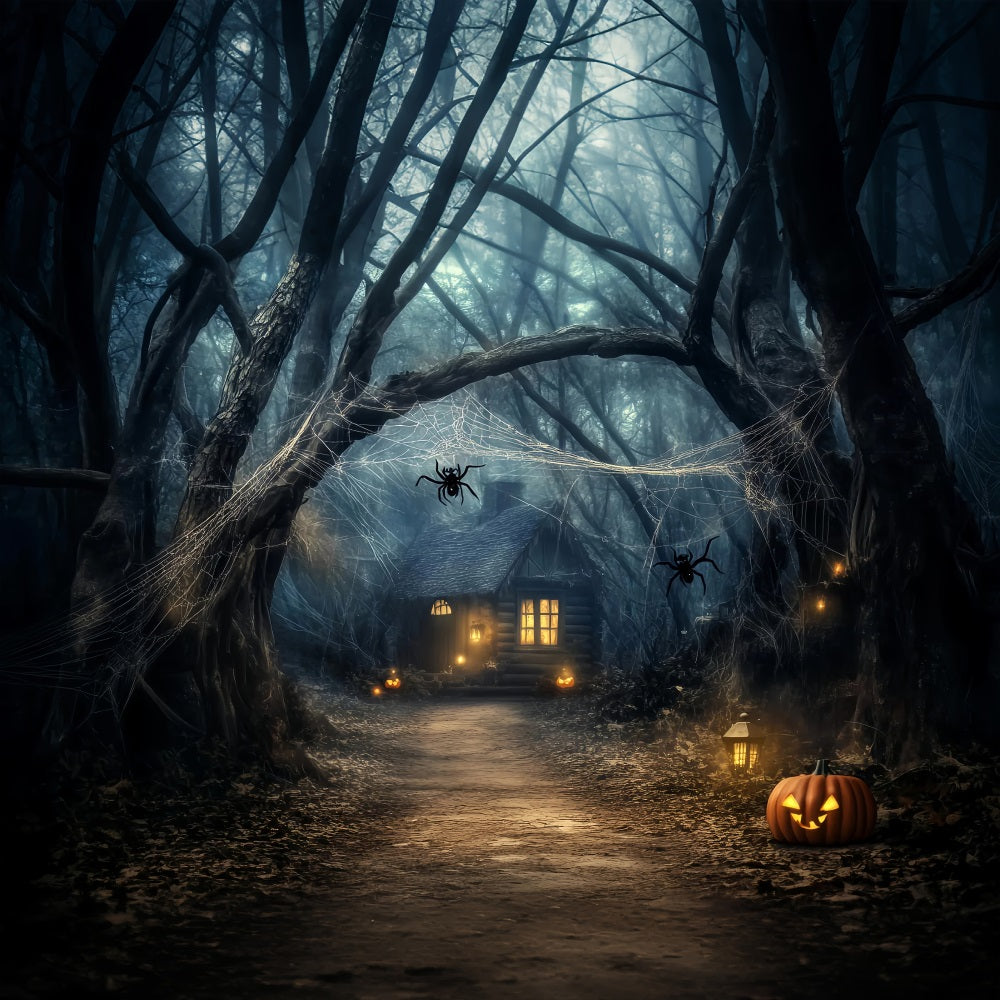 Spooky Forest Pumpkin Lantern Haunted Cabin Halloween Forest Backdrop LXX58-272