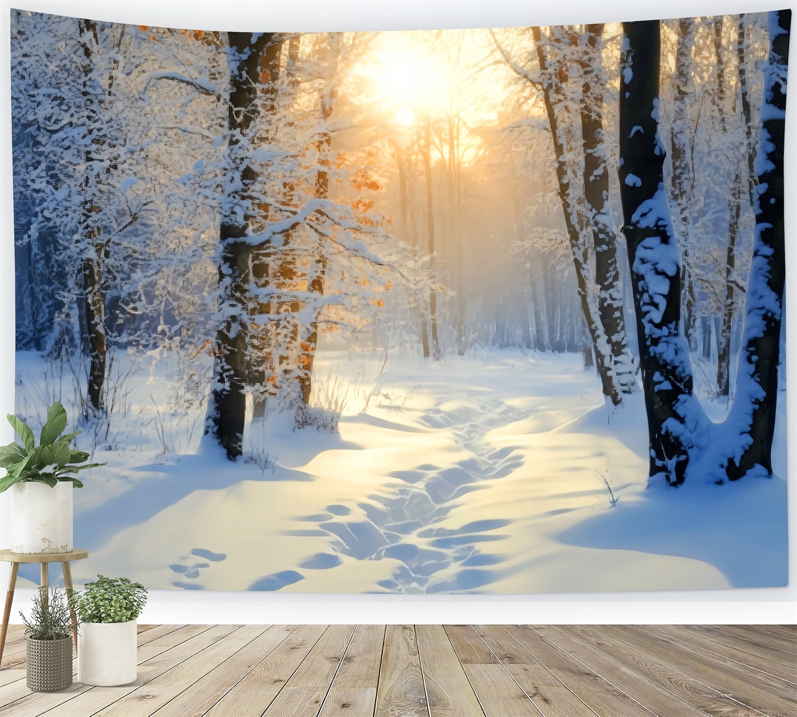 Winter Snowy Forest Golden Sunrise Snow Trail Snow Forest Backdrop LXX58-278