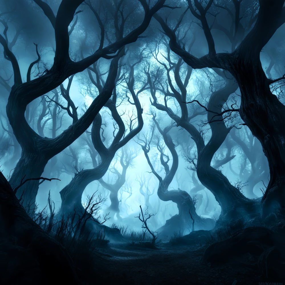 Dark Creepy Forest Twisted Trees Blue Mist Forest Backdrop LXX58-280