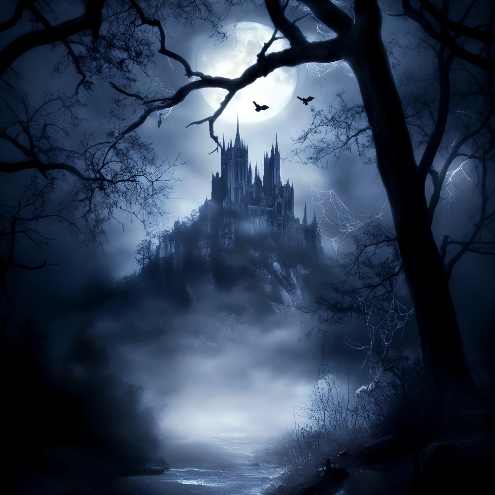 Haunted Creepy Forest Moonlit Gothic Castle Mist Dark Forest Backdrop LXX58-281