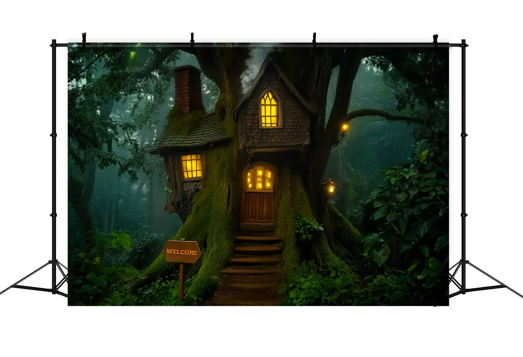 Dark Creepy Forest Whimsical Treehouse Lantern Glow Scary Forest Backdrop LXX58-283