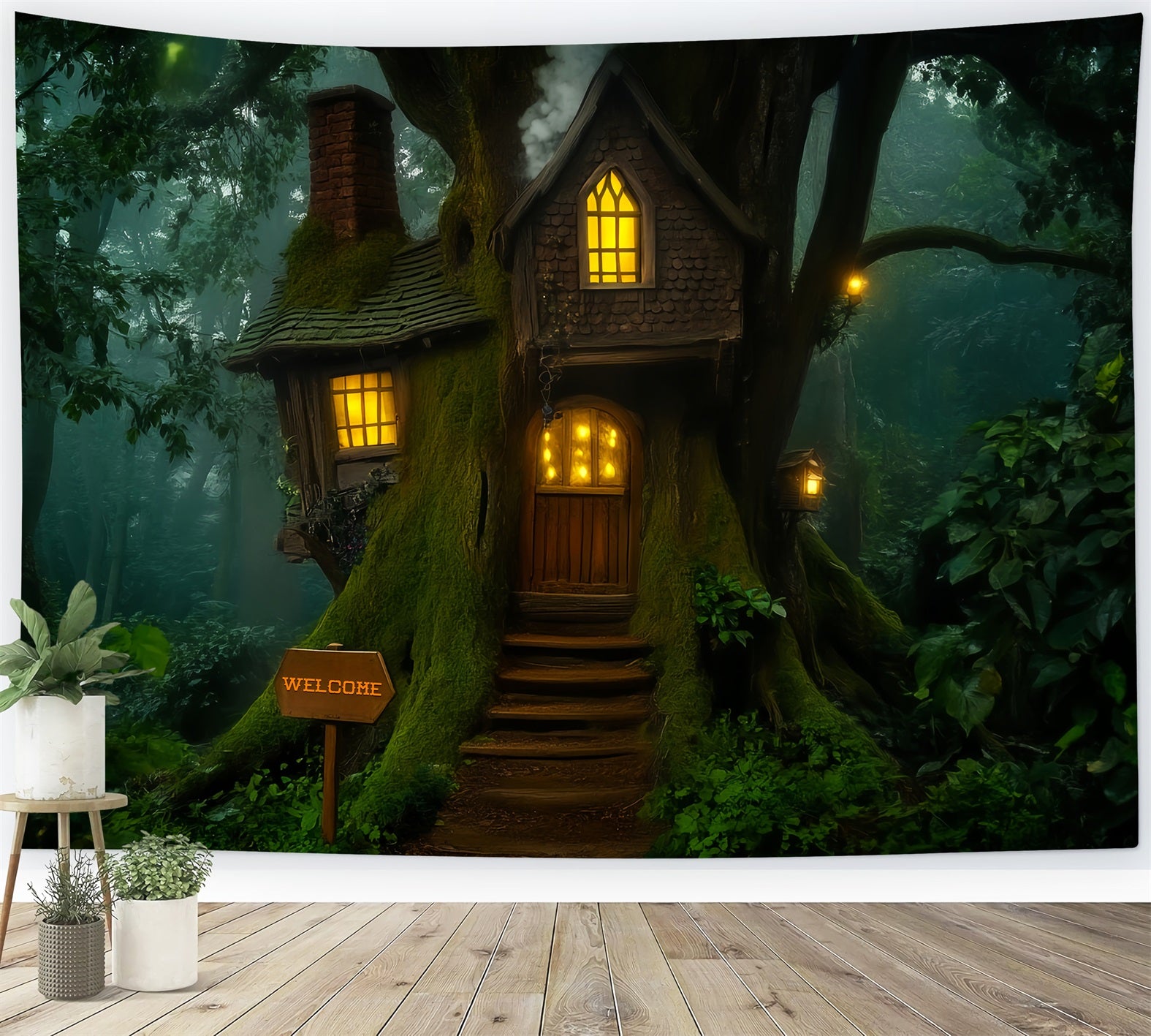 Dark Creepy Forest Whimsical Treehouse Lantern Glow Scary Forest Backdrop LXX58-283