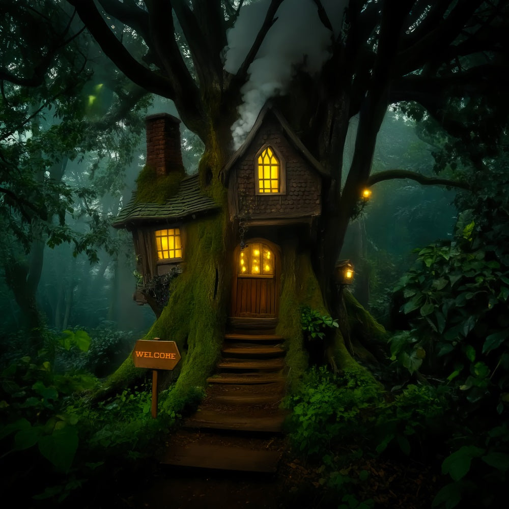Dark Creepy Forest Whimsical Treehouse Lantern Glow Scary Forest Backdrop LXX58-283