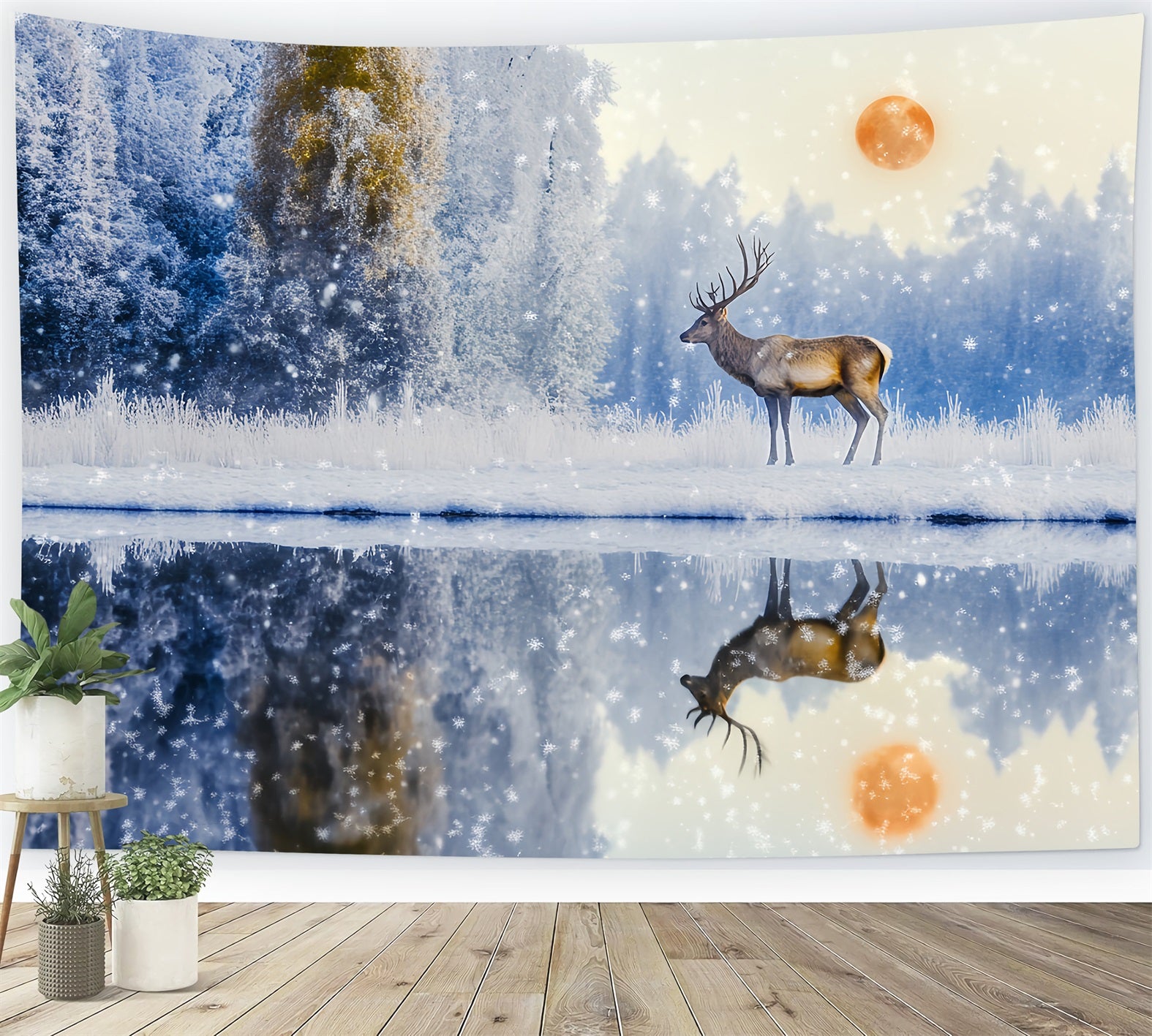 Enchanted Forest Snowfall Deer Sunrise Reflection Magical Forest Backdrop LXX58-289
