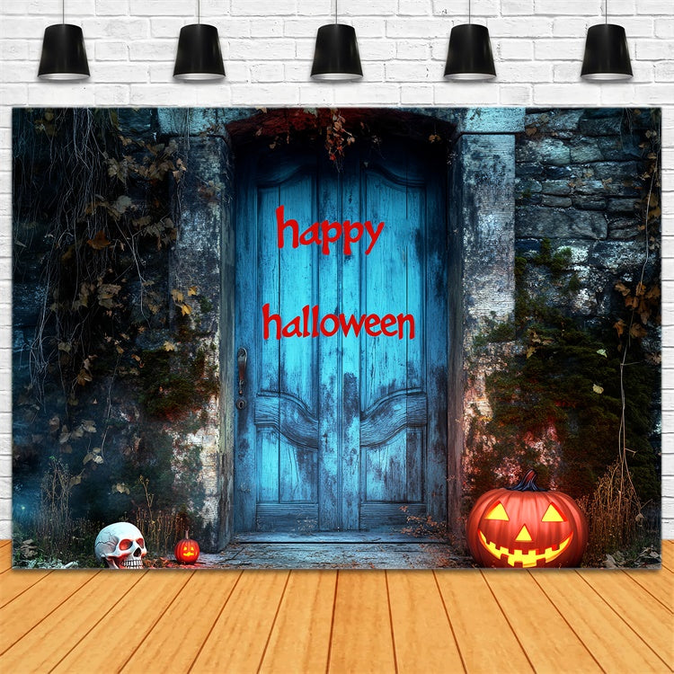 Halloween Photo Backdrops Haunted Blue Doorway Backdrop LXX58-29