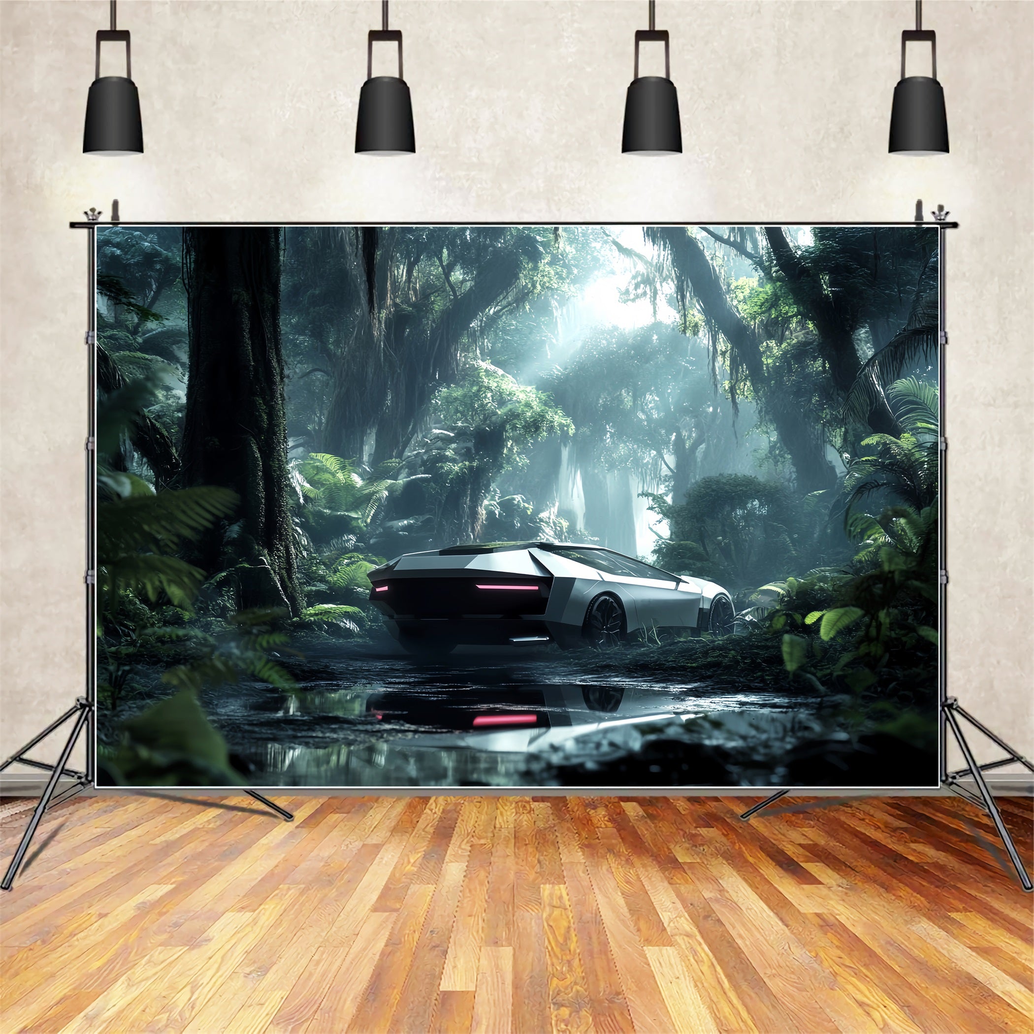 Rainforest Futuristic Car Jungle Mist Forest Backdrop Photography LXX58-291