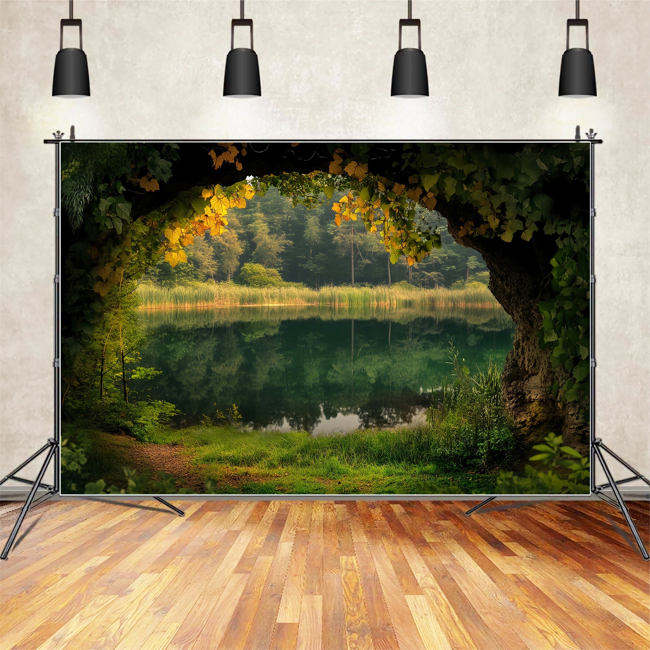 Rainforest Lakeside Cave Ivy Frame Forest Scene Backdrop LXX58-294