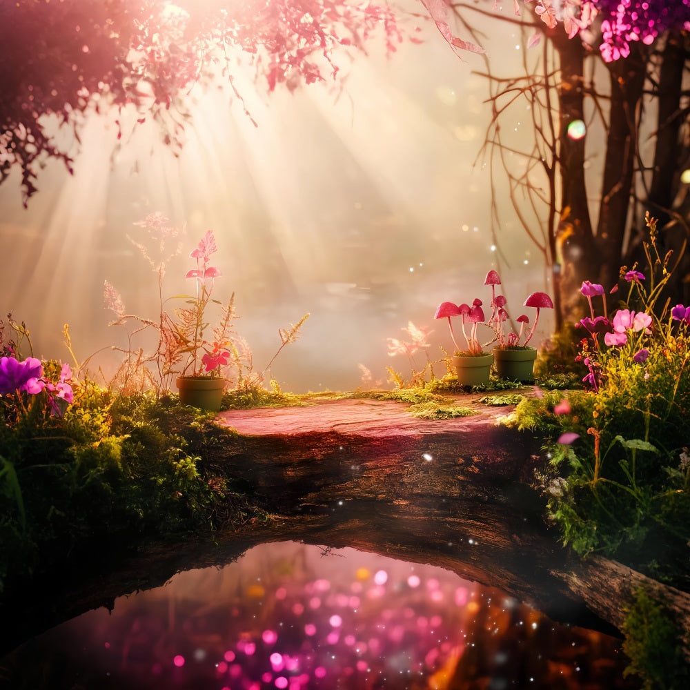 Fall Forest Magical Pink Mushroom Bridge Forest Photo Backdrop LXX58-296