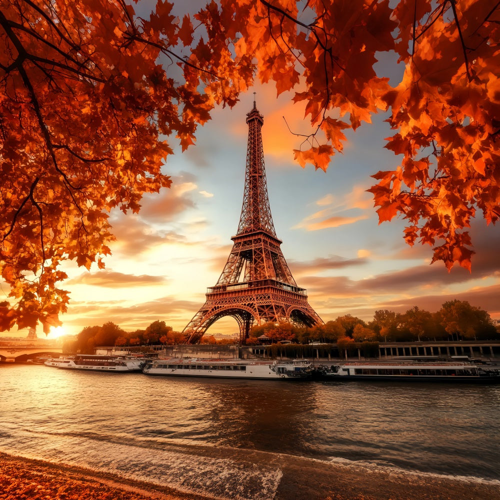 Fall Red Leaves Forest Eiffel Tower Autumn Glow Forest Backdrops LXX58-298