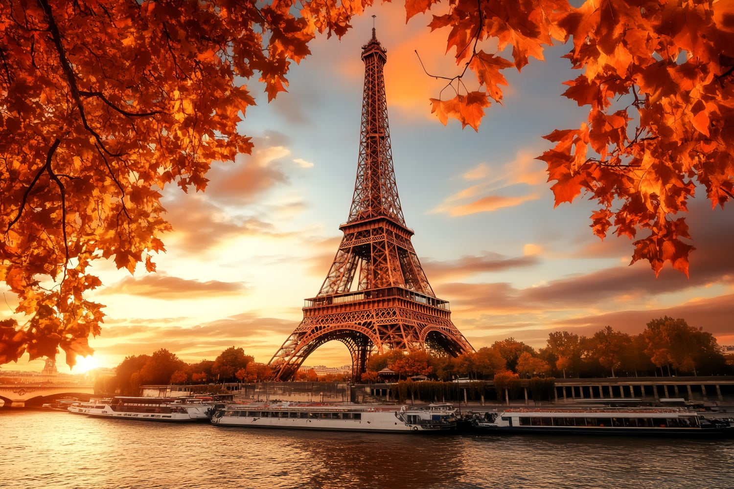 Fall Red Leaves Forest Eiffel Tower Autumn Glow Forest Backdrops LXX58-298