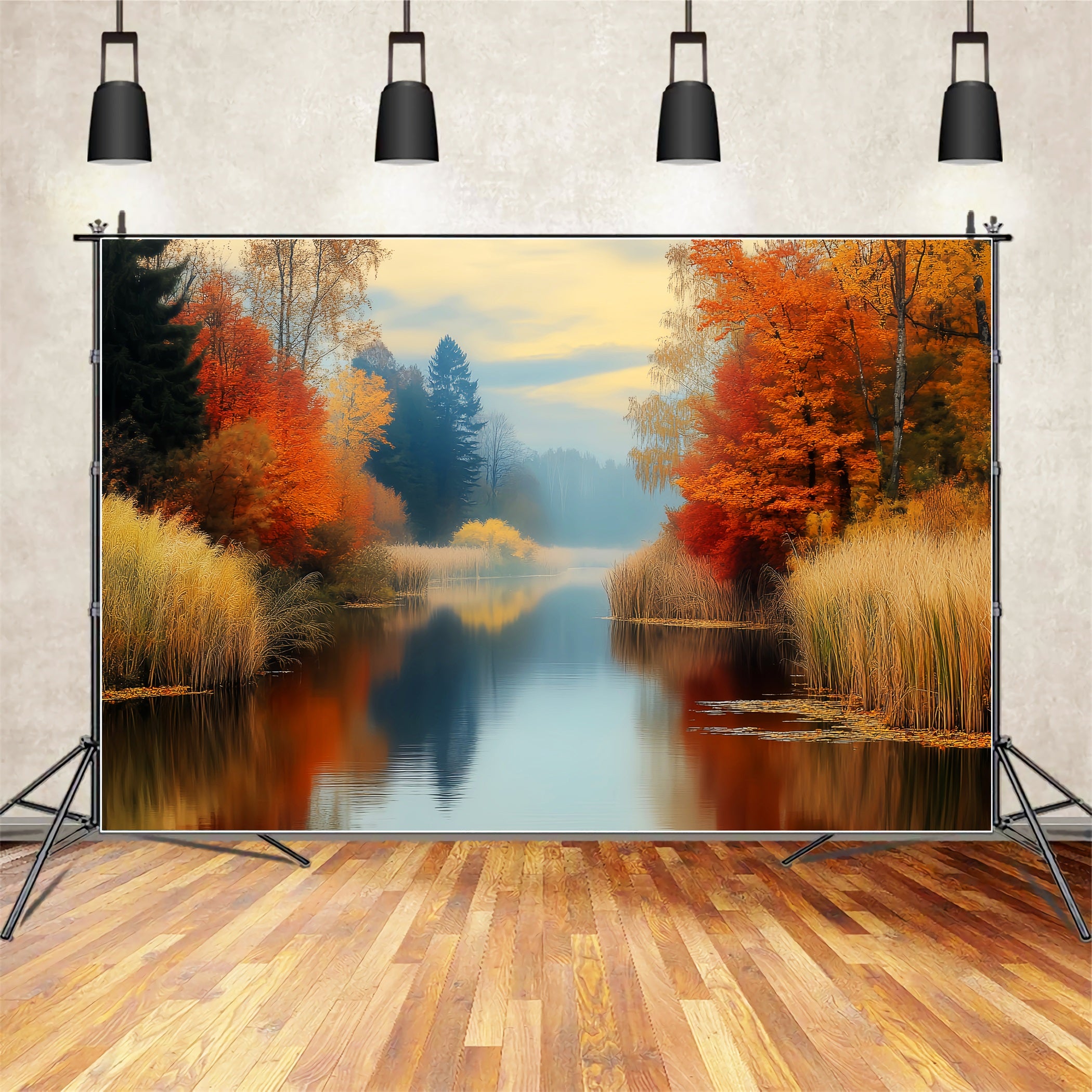 Fall Forest Golden Reflection Autumn River Autumn Forest Backdrop LXX58-299