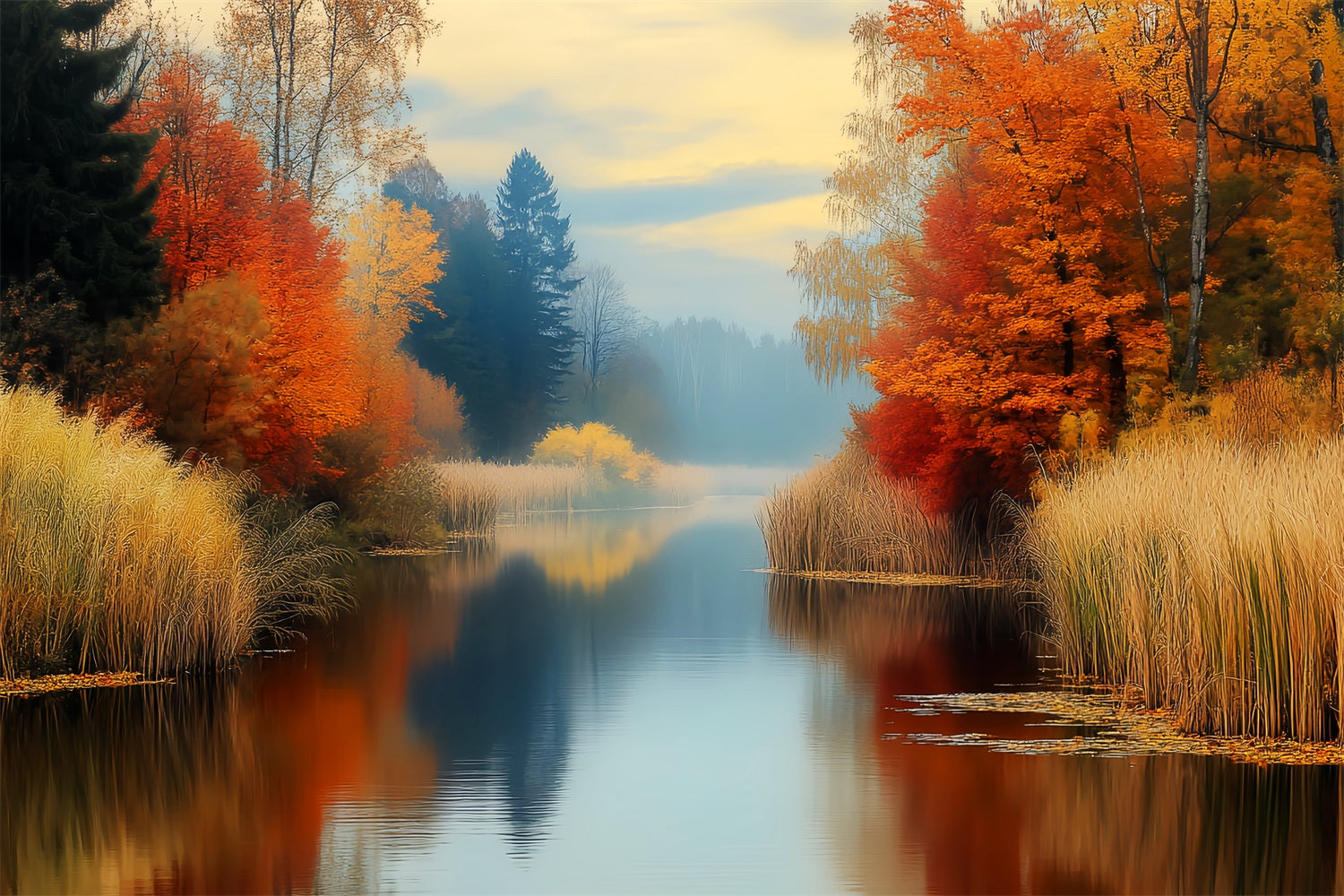 Fall Forest Golden Reflection Autumn River Autumn Forest Backdrop LXX58-299