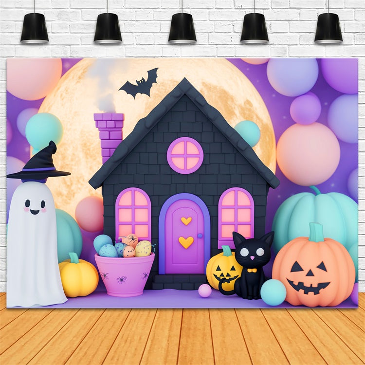 Cute Halloween Backdrop Black Cat Balloon Night Backdrop LXX58-30