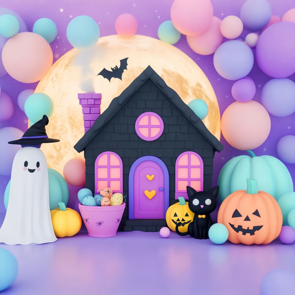 Cute Halloween Backdrop Black Cat Balloon Night Backdrop LXX58-30