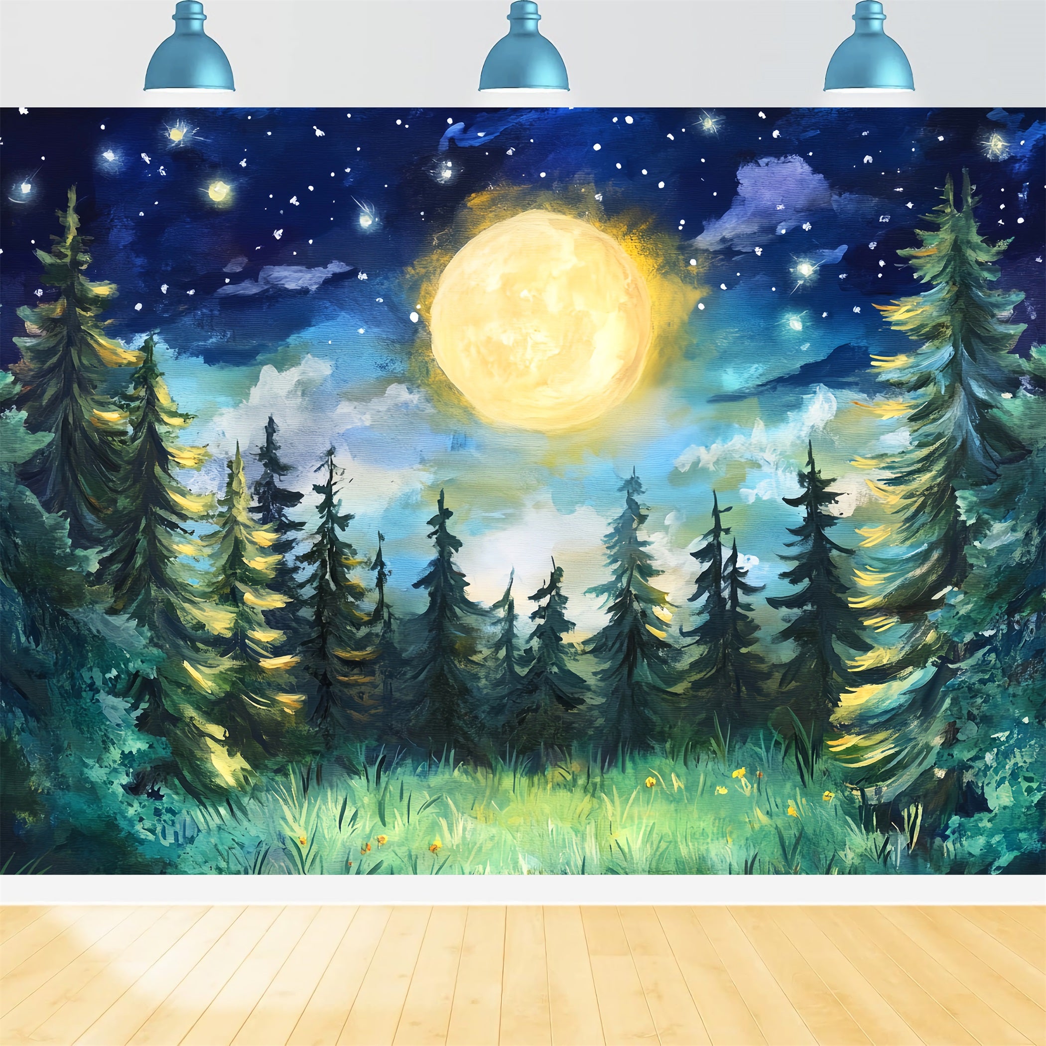 Night Forest Moonlit Pine Night Sky Woodland Forest Backdrop LXX58-300
