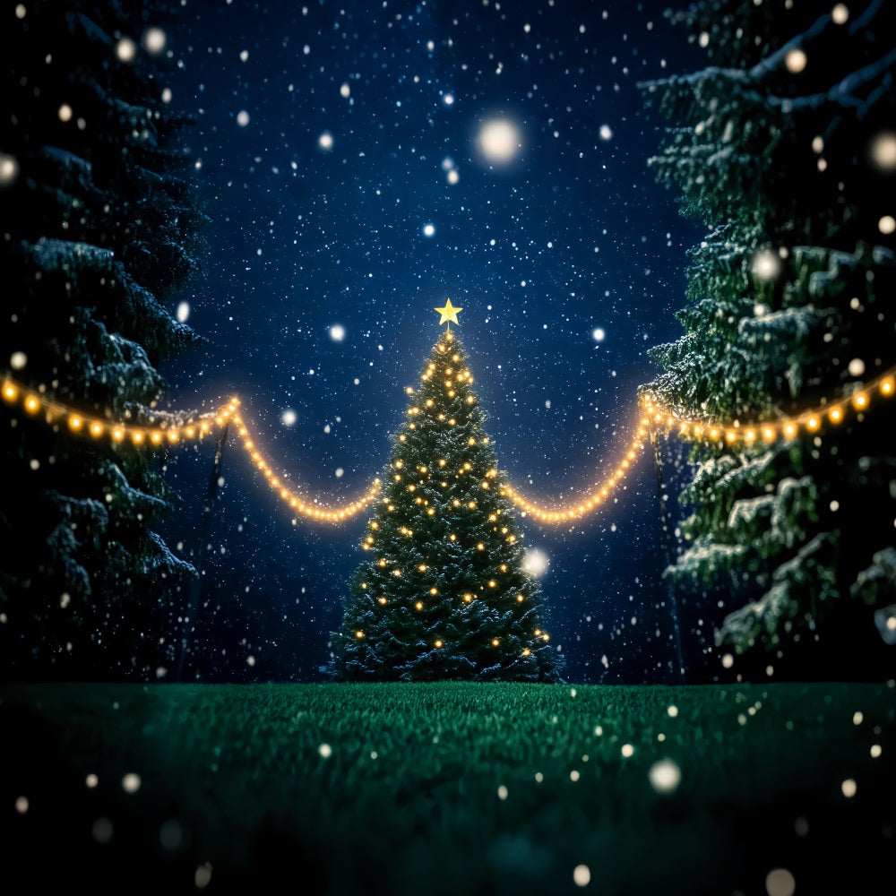 Night Forest Snowy Christmas Tree Lights Snowy Forest Backdrop LXX58-302