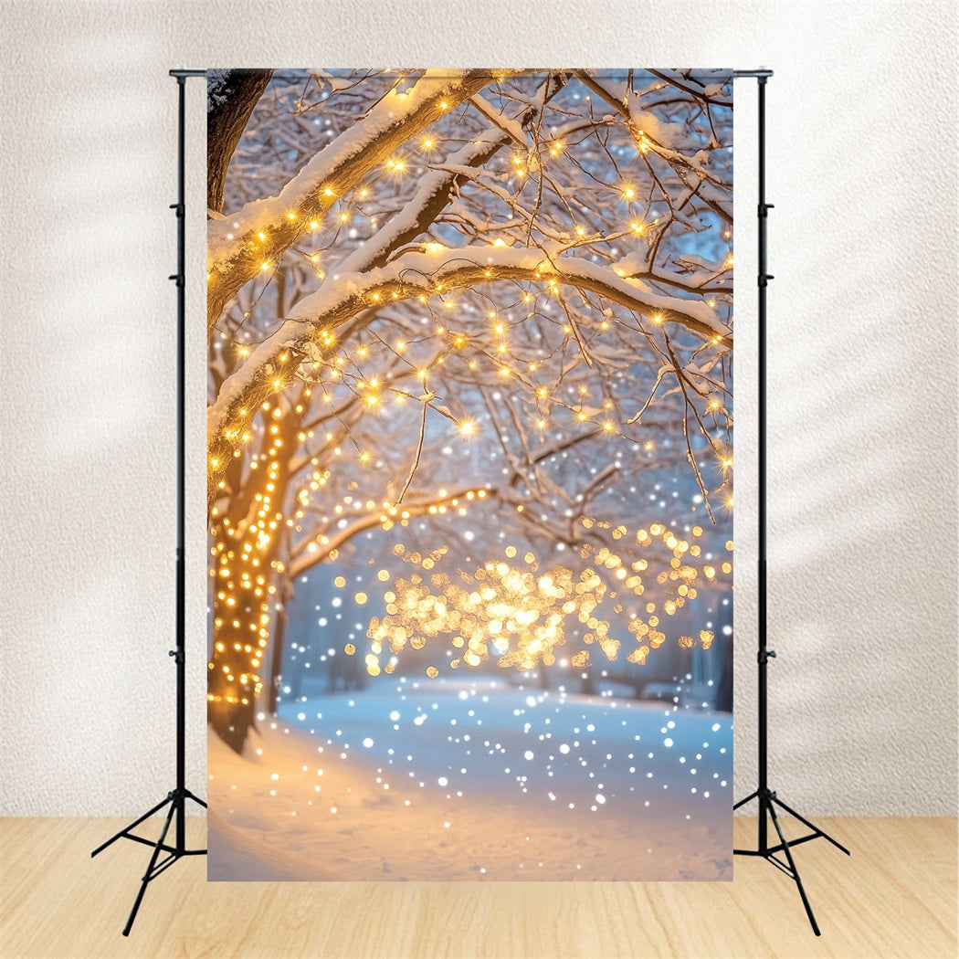 Night Forest Snowy Pathway Golden Lights Winter Forest Backdrop LXX58-305