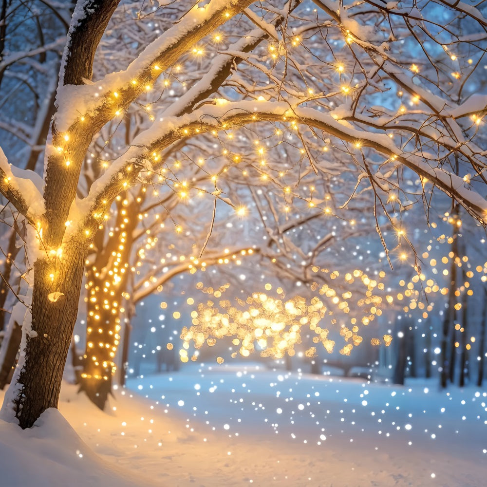 Night Forest Snowy Pathway Golden Lights Winter Forest Backdrop LXX58-305