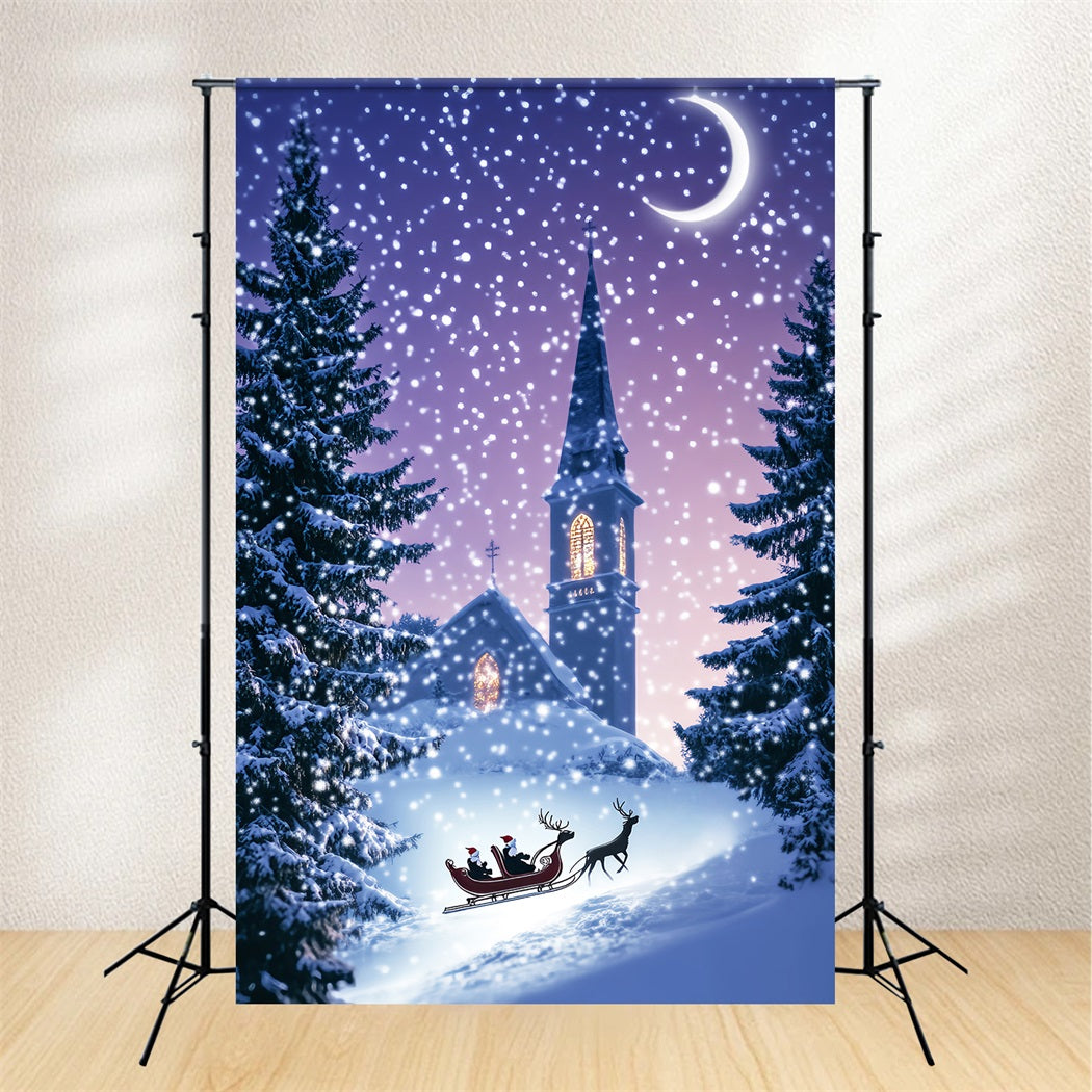 Pine Christmas Forest Church Sleigh Winter Night Snowy Forest Backdrop LXX58-306