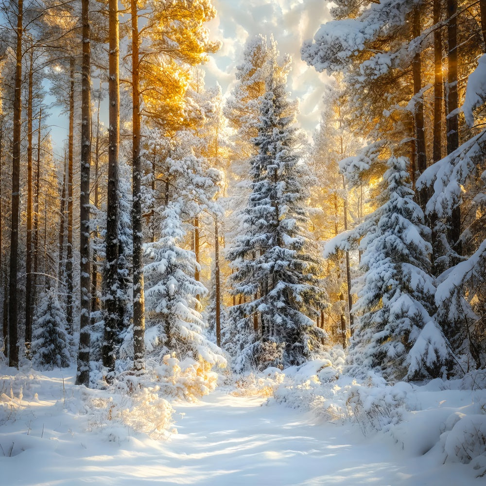 Christmas Pine Forest Frosty Trees Golden Glow Forest Photo Backdrop LXX58-309