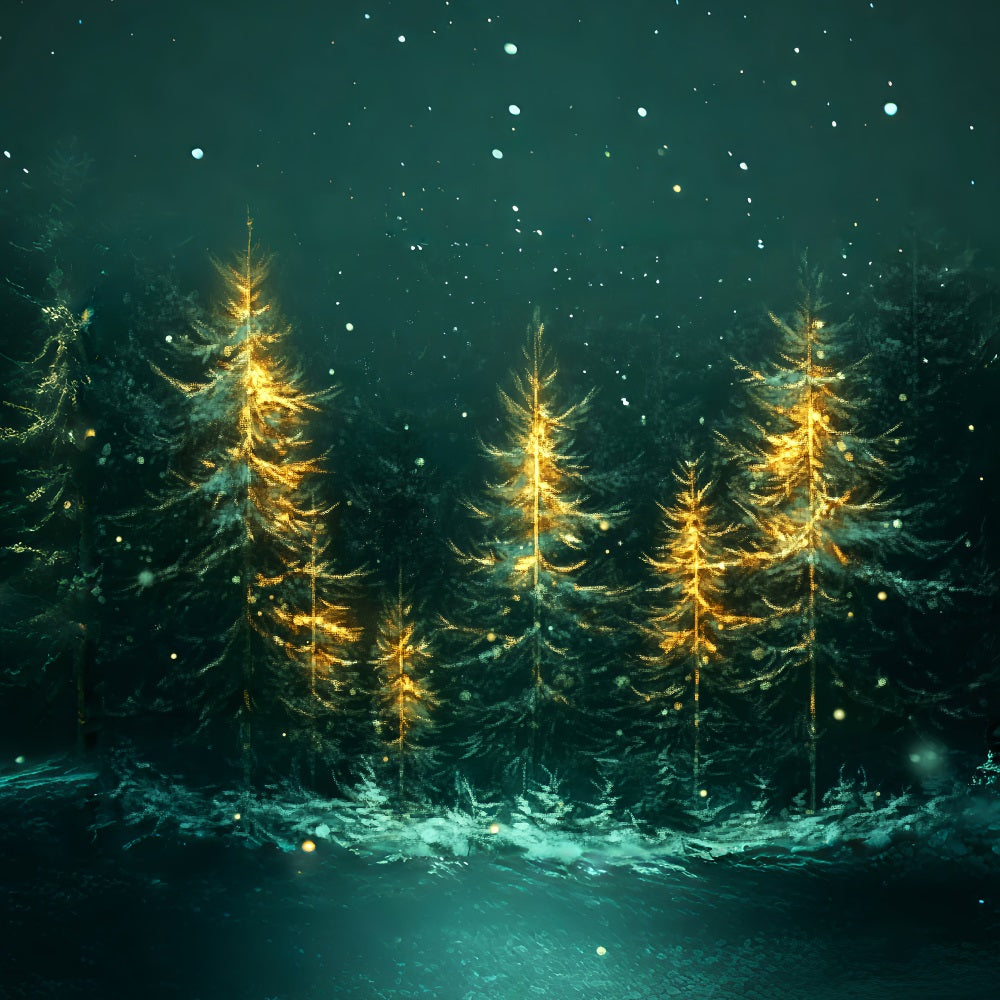 Christmas Forest Glowing Pines Falling Snow Forest Photography Backdrop LXX58-310