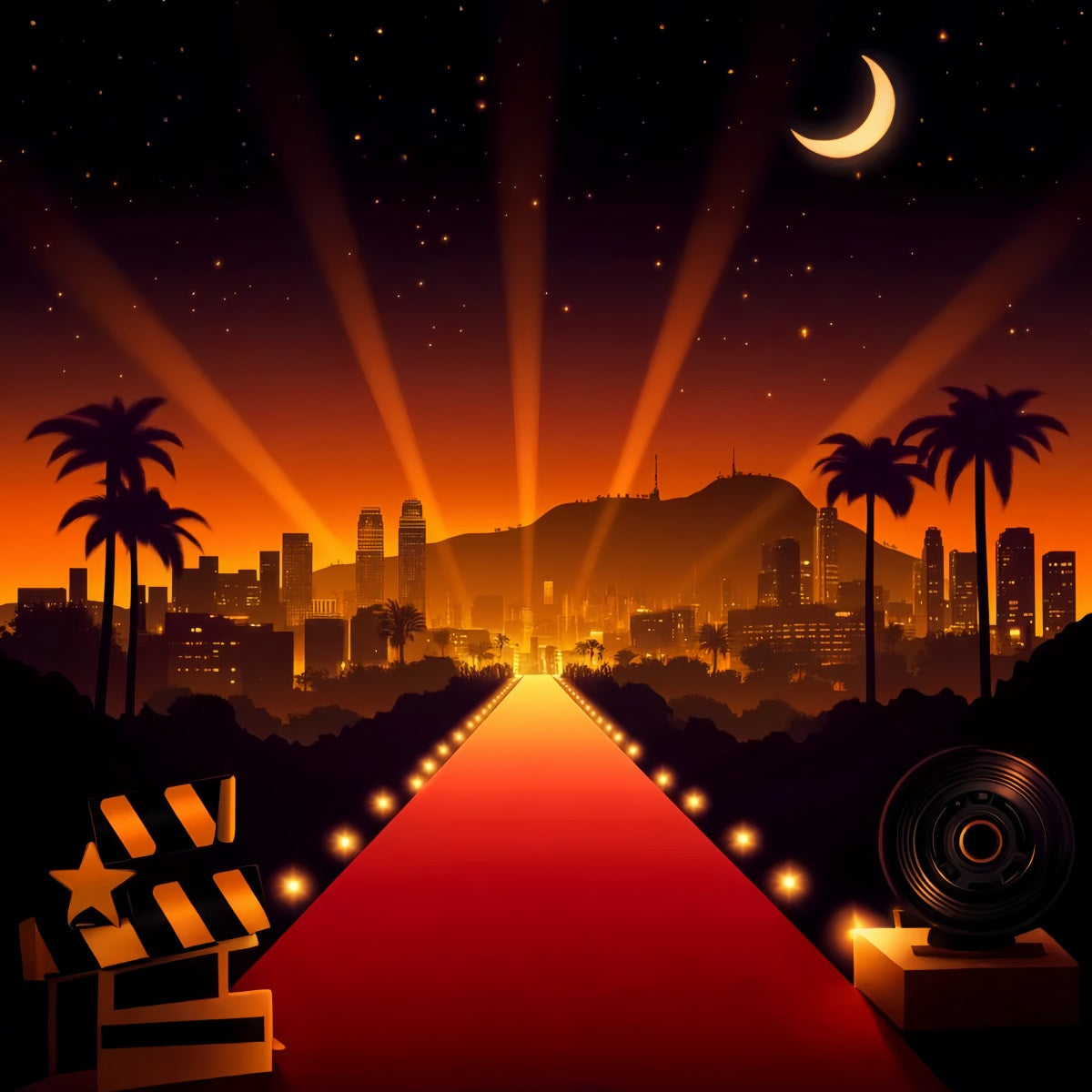 Hollywood Backdrop Hollywood Skyline Spotlight Glow Red Carpet Backdrop LXX58-312